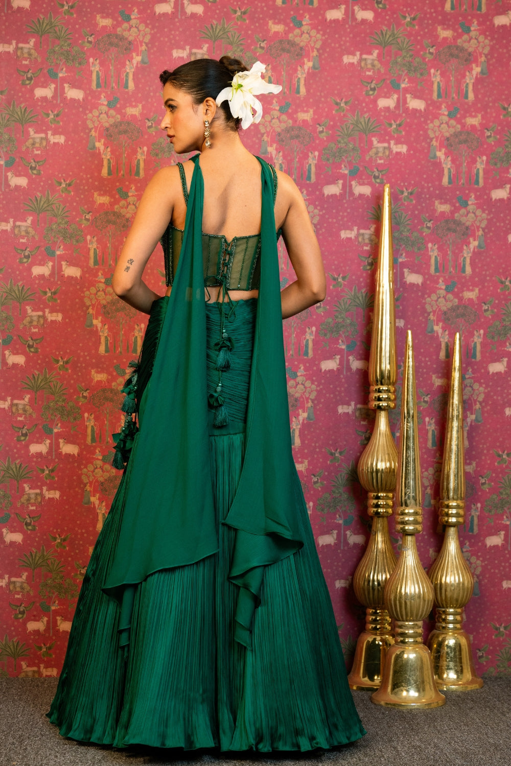 Bottle Green Silk Lehenga Choli Set with Cutdana and Sequins Work