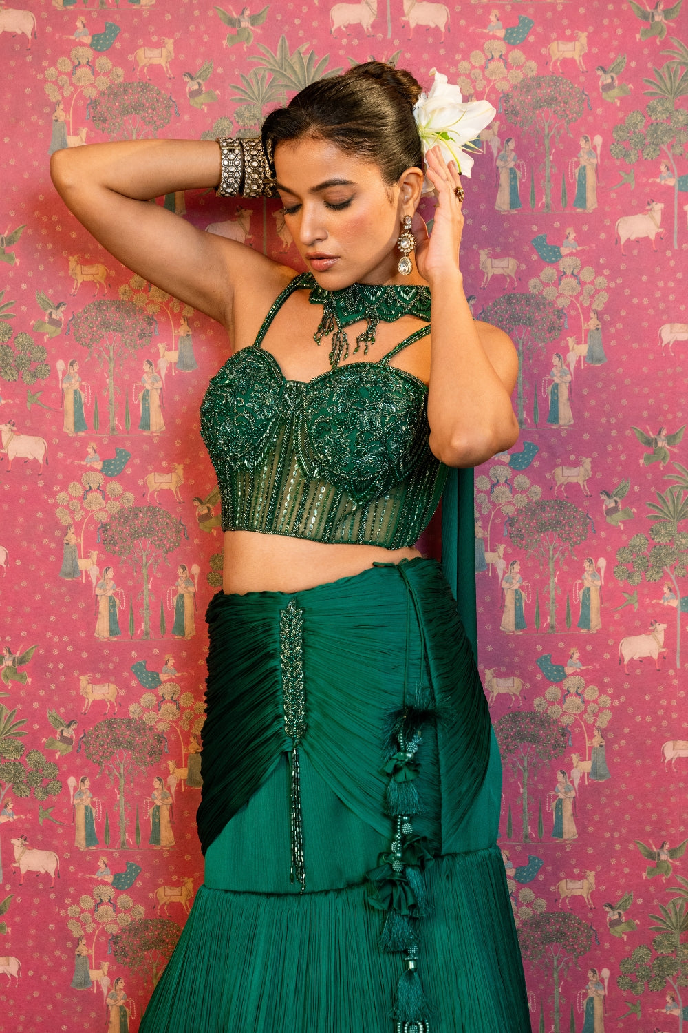 Bottle Green Silk Lehenga Choli Set with Cutdana and Sequins Work