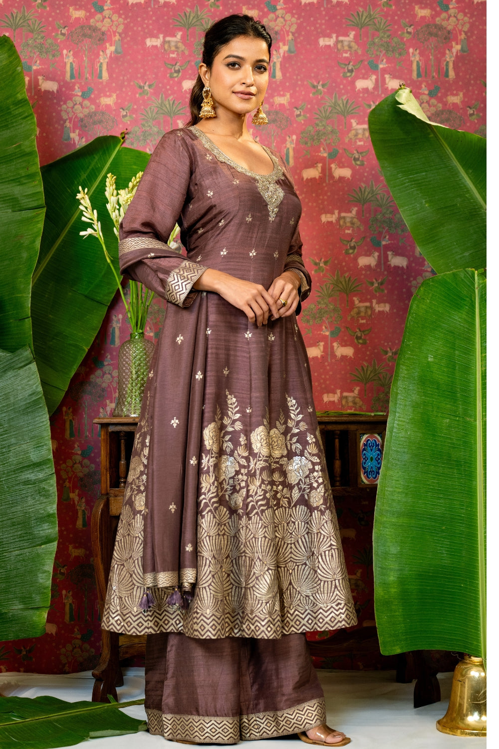 Brown Banarasi Silk Suit Set with Zardosi and Cutdana Work