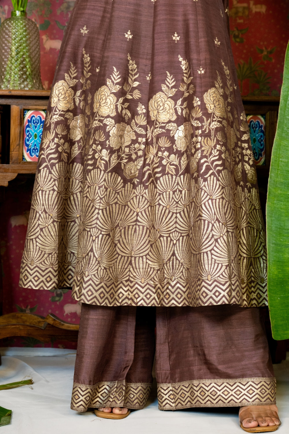 Brown Banarasi Silk Suit Set with Zardosi and Cutdana Work