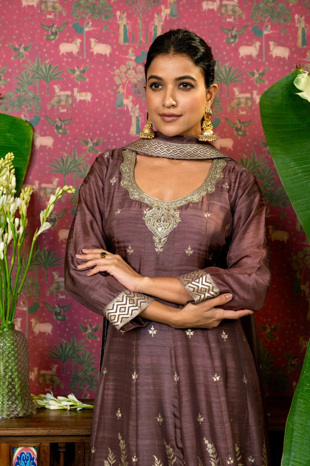 Brown Banarasi Silk Suit Set with Zardosi and Cutdana Work
