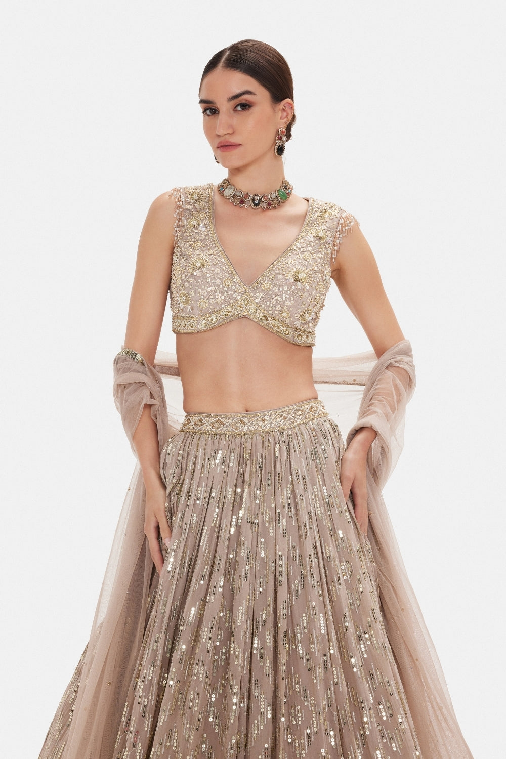 Brown Georgette Lehenga Set with Cutdana and Moti Work