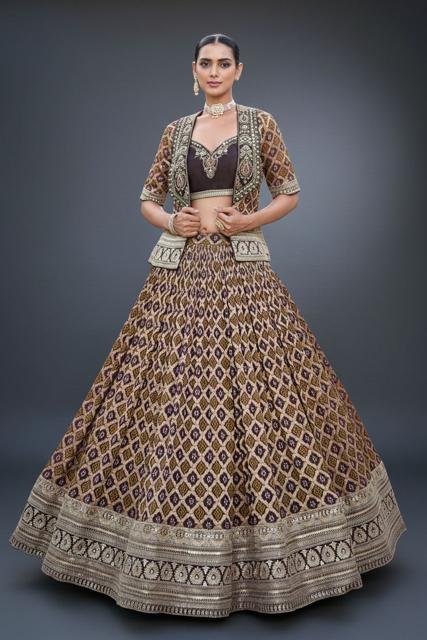 Brown Georgette Lehenga Set with Cutdana and Sequins Work