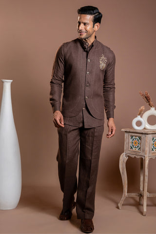Brown Linen Koti Set With Zardosi Work