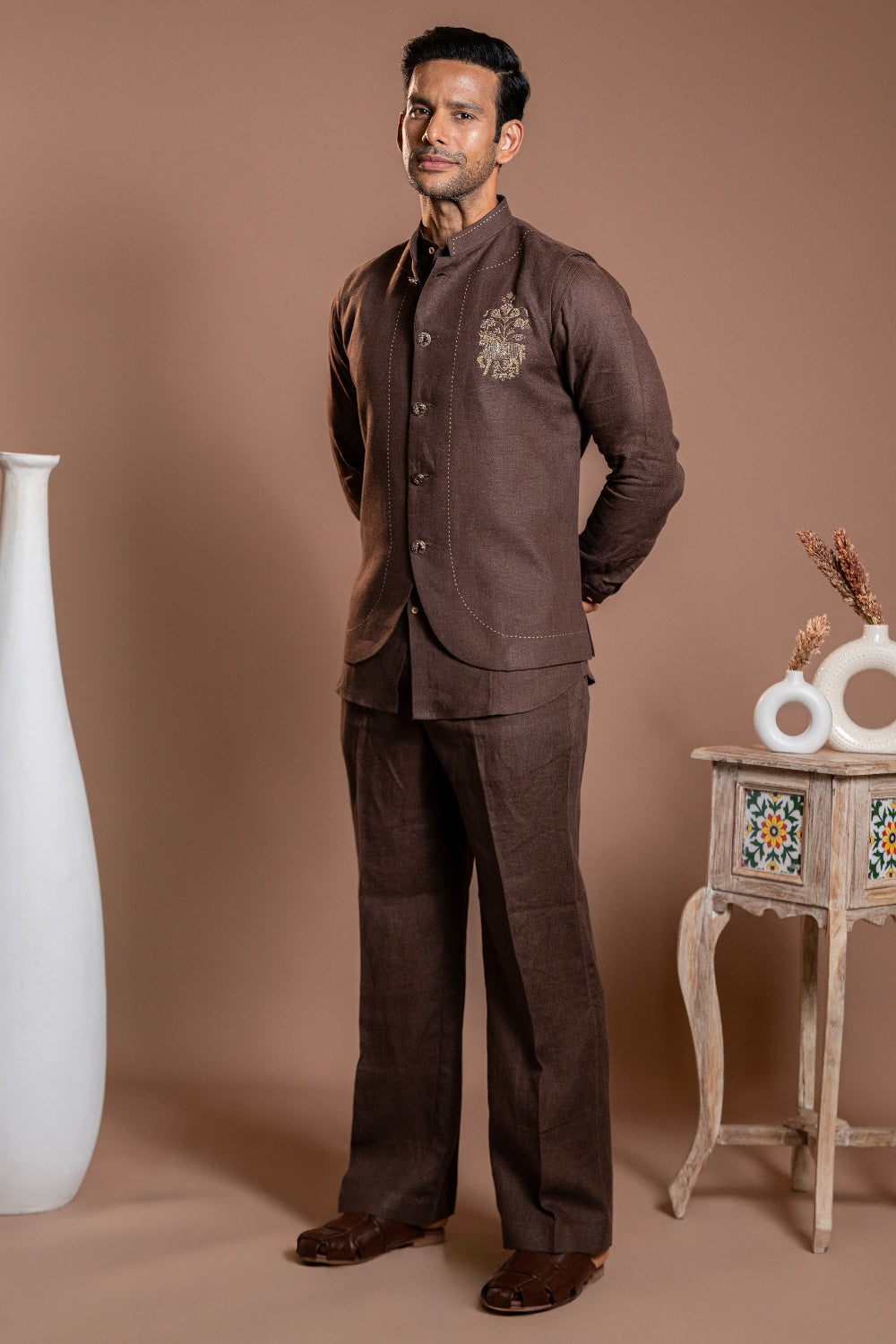 Brown Linen Koti Set with Zardosi Work