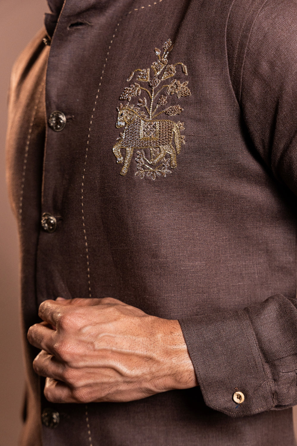 Brown Linen Koti Set with Zardosi Work