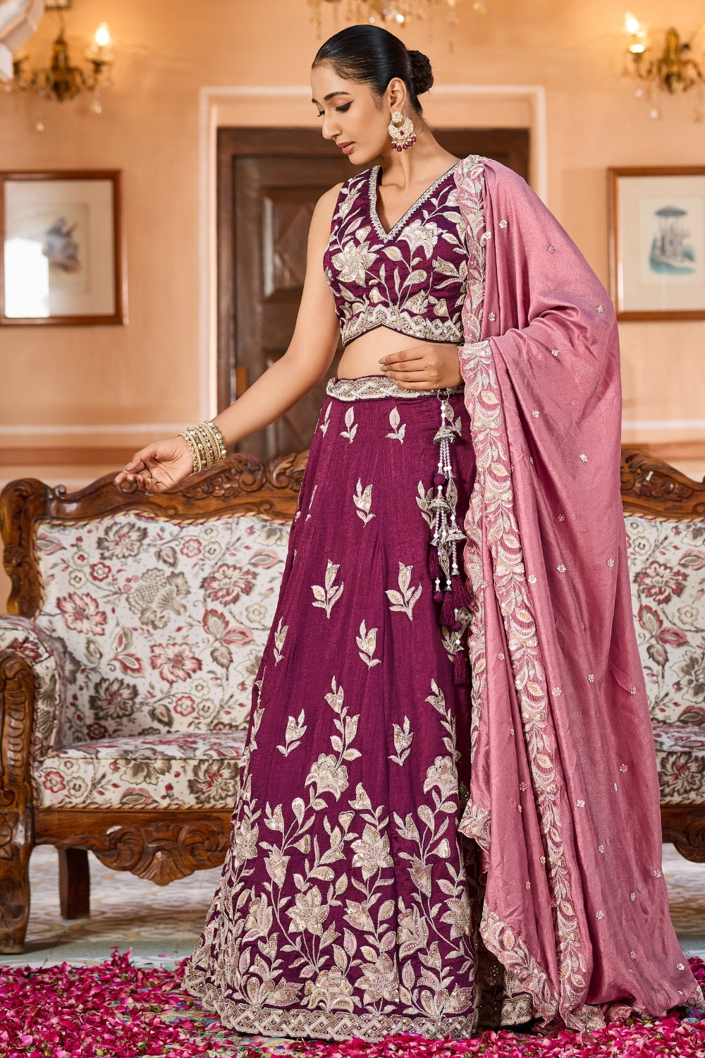 Burgundy Silk Lehenga Set with Resham Embroidery and Sequins Work