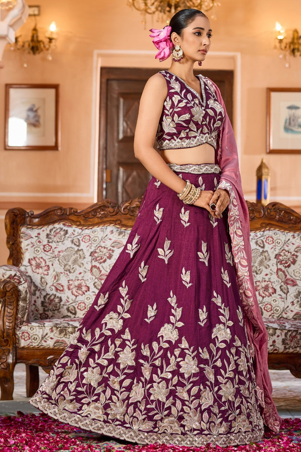 Burgundy Silk Lehenga Set with Resham Embroidery and Sequins Work