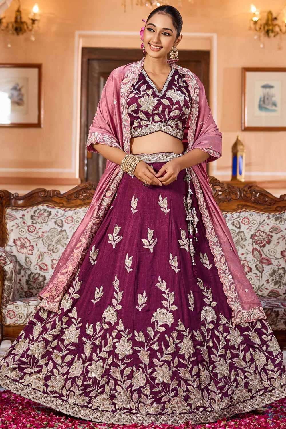 Burgundy Silk Lehenga Set with Resham Embroidery and Sequins Work