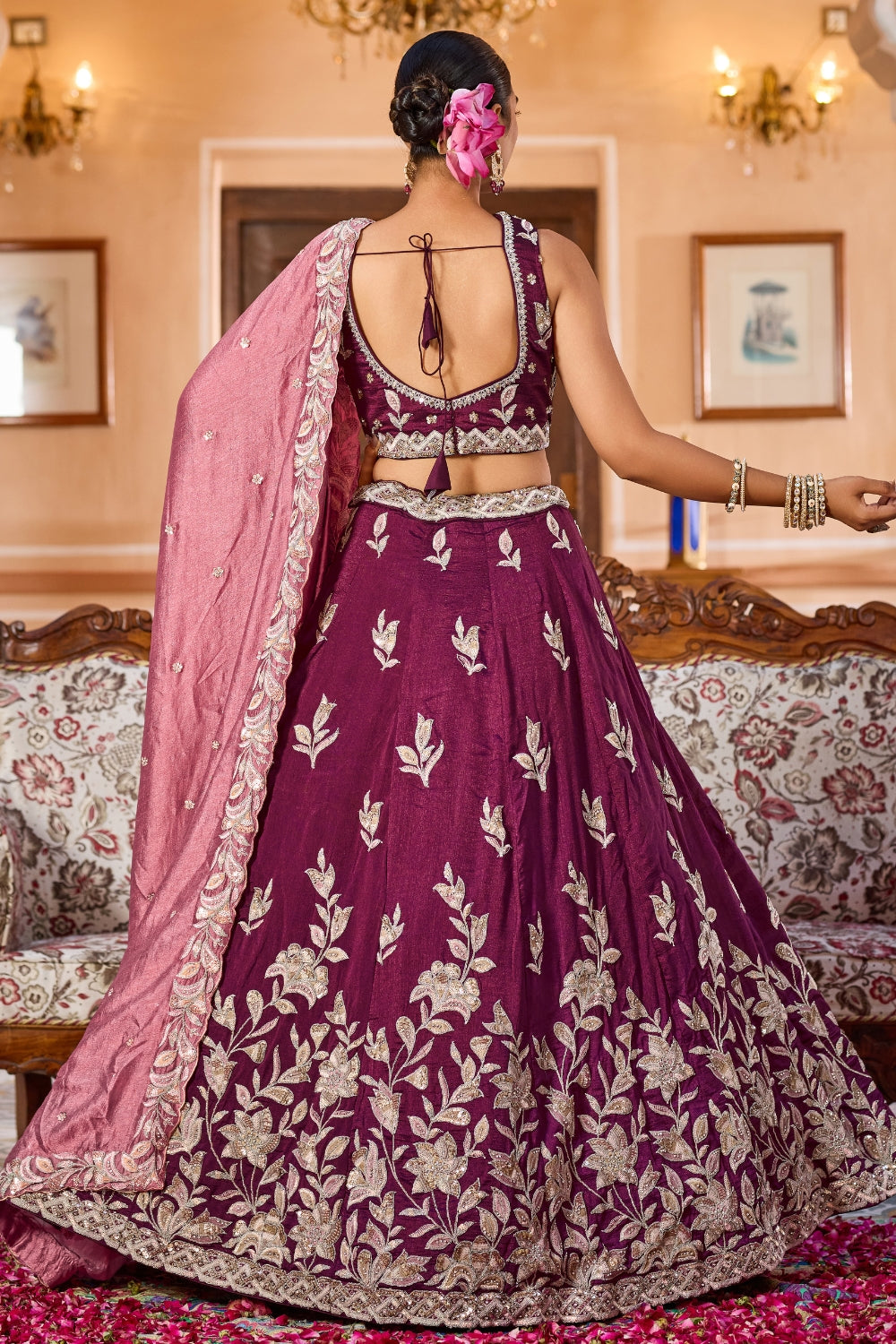 Burgundy Silk Lehenga Set with Resham Embroidery and Sequins Work
