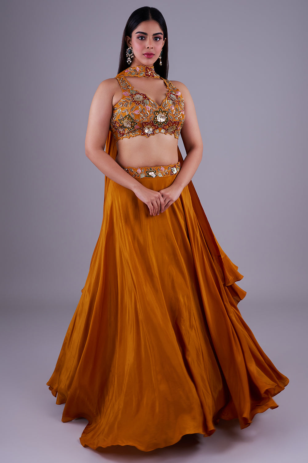 Burnt orange 3D floral lehenga