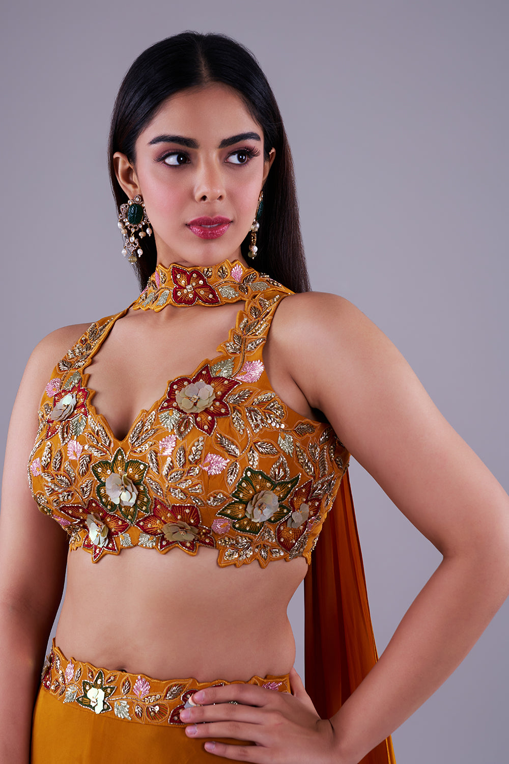 Burnt orange 3D floral lehenga