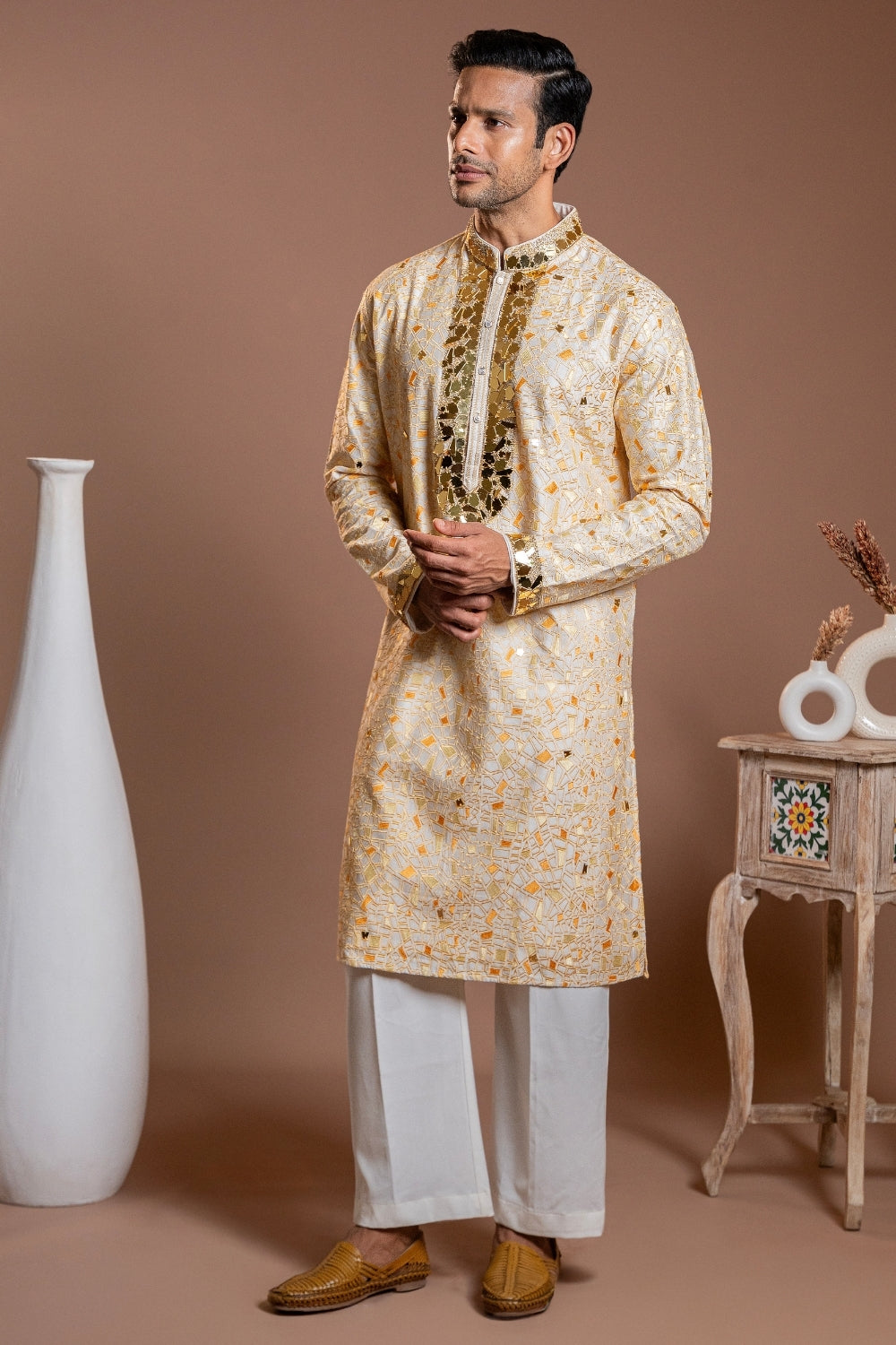 Butter Yellow Silk Kurta Set with Mirror and Moti Work