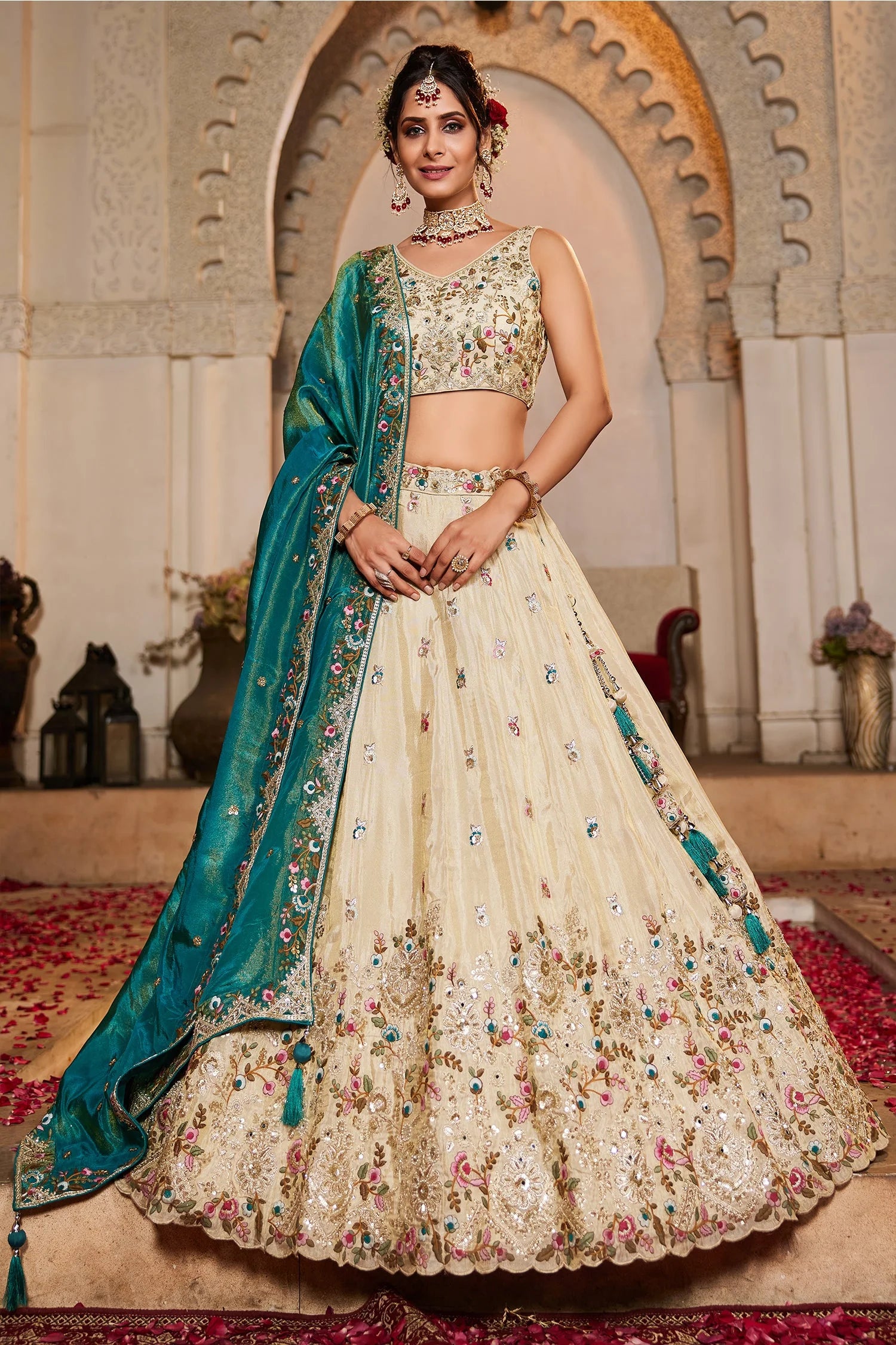 Cream Tissue Sequins Embroidery Lehenga