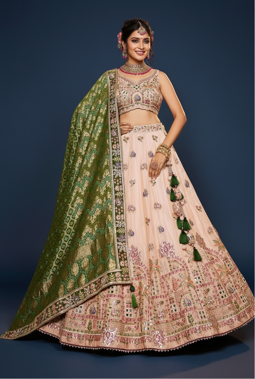 Peach Tissue Lehenga with Sequins and Mirror Work