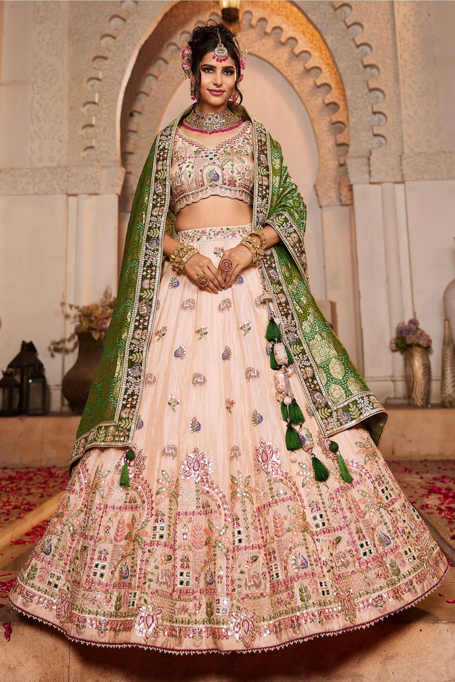Peach Tissue Mirror Embroidery Lehenga