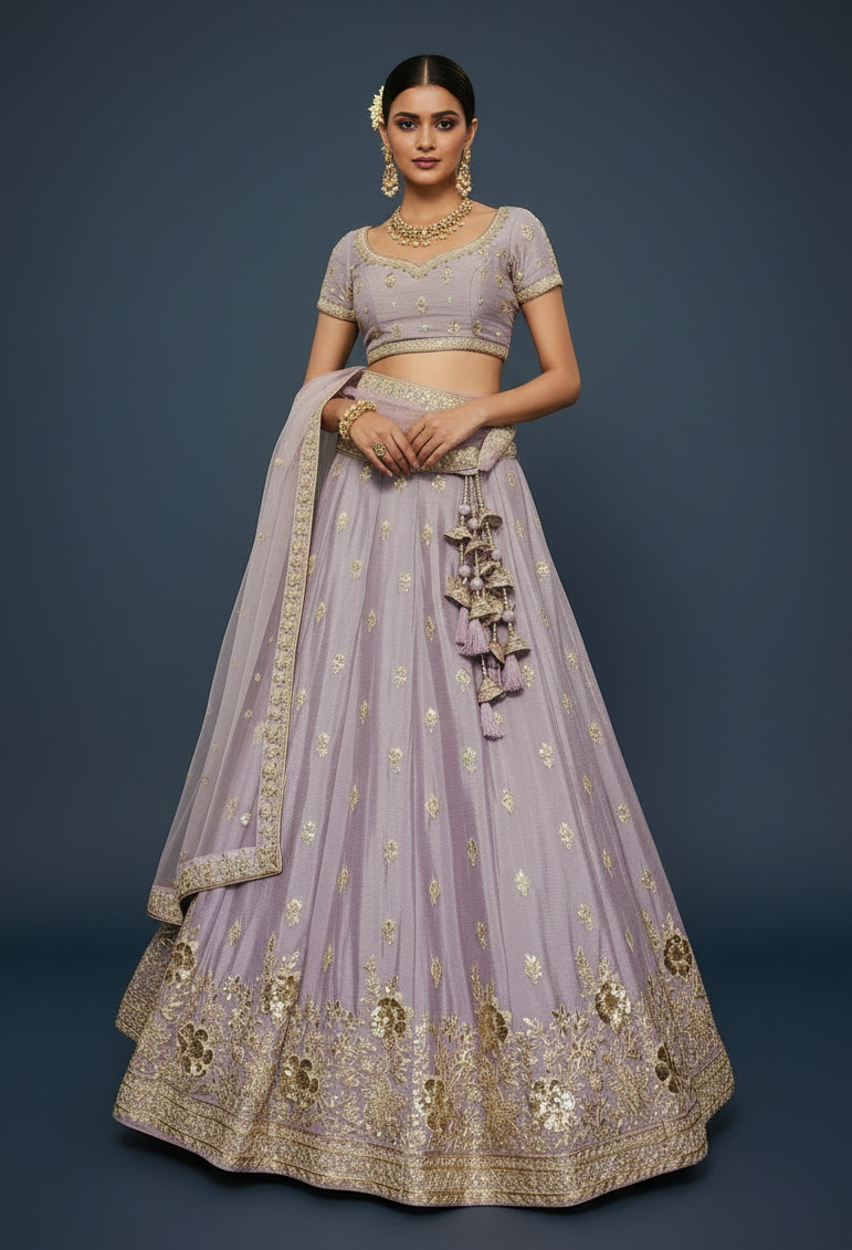 Chinon Chiffon Lehenga with Sequins & Beads Work
