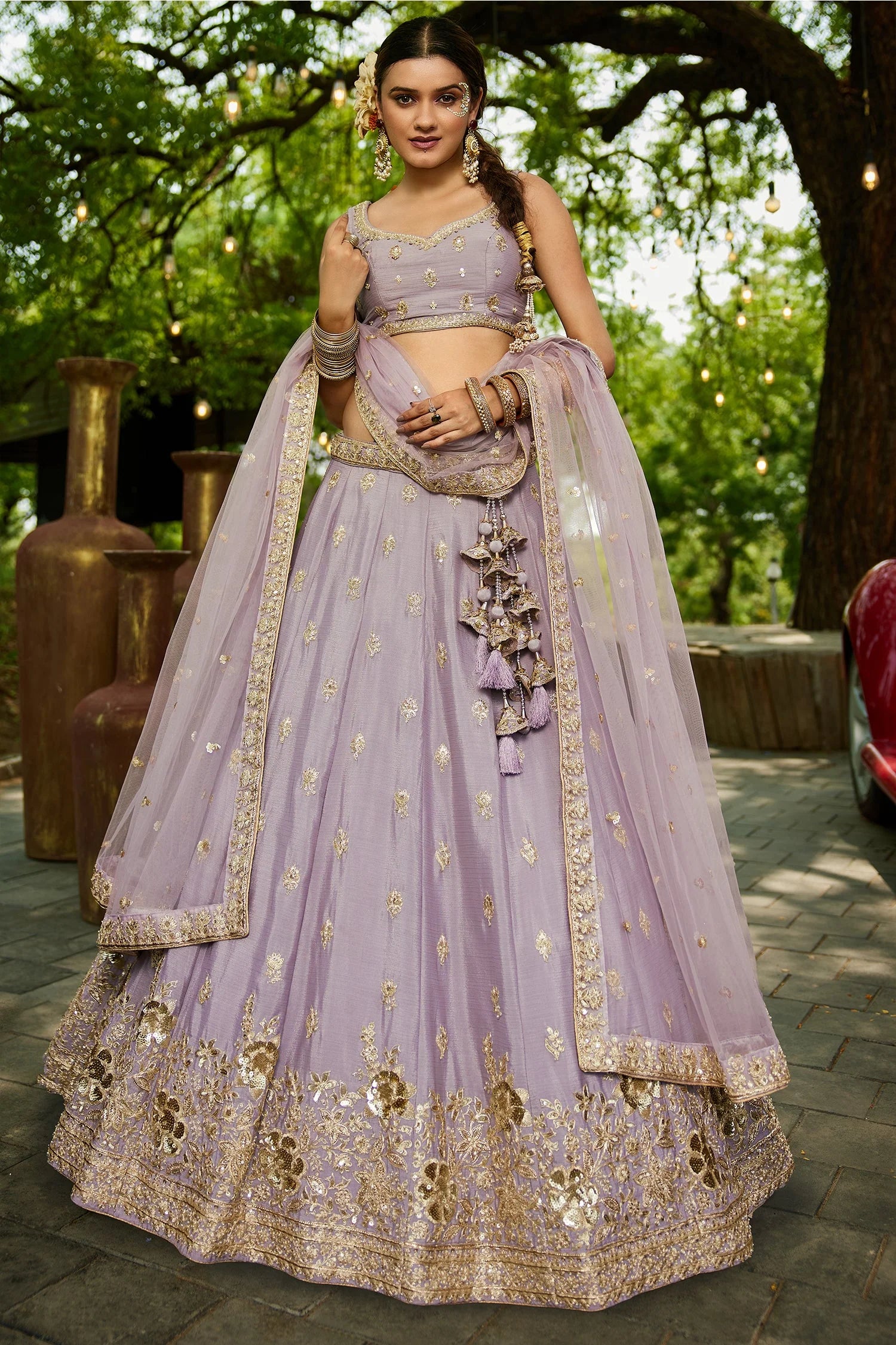 Mauve Chinon Chiffon Lehenga with Sequins & Beads Work