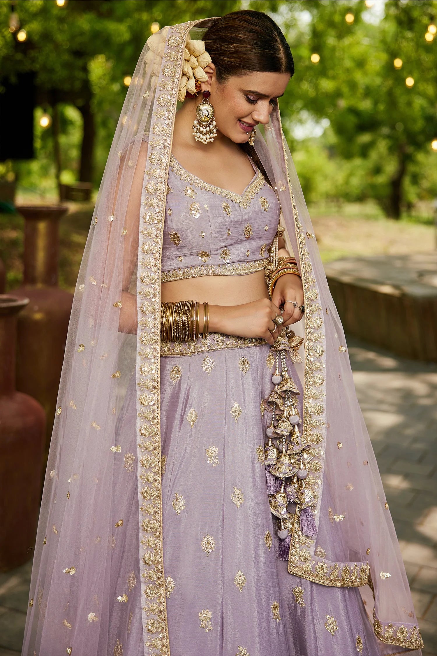 Mauve Chinon Chiffon Lehenga with Sequins & Beads Work