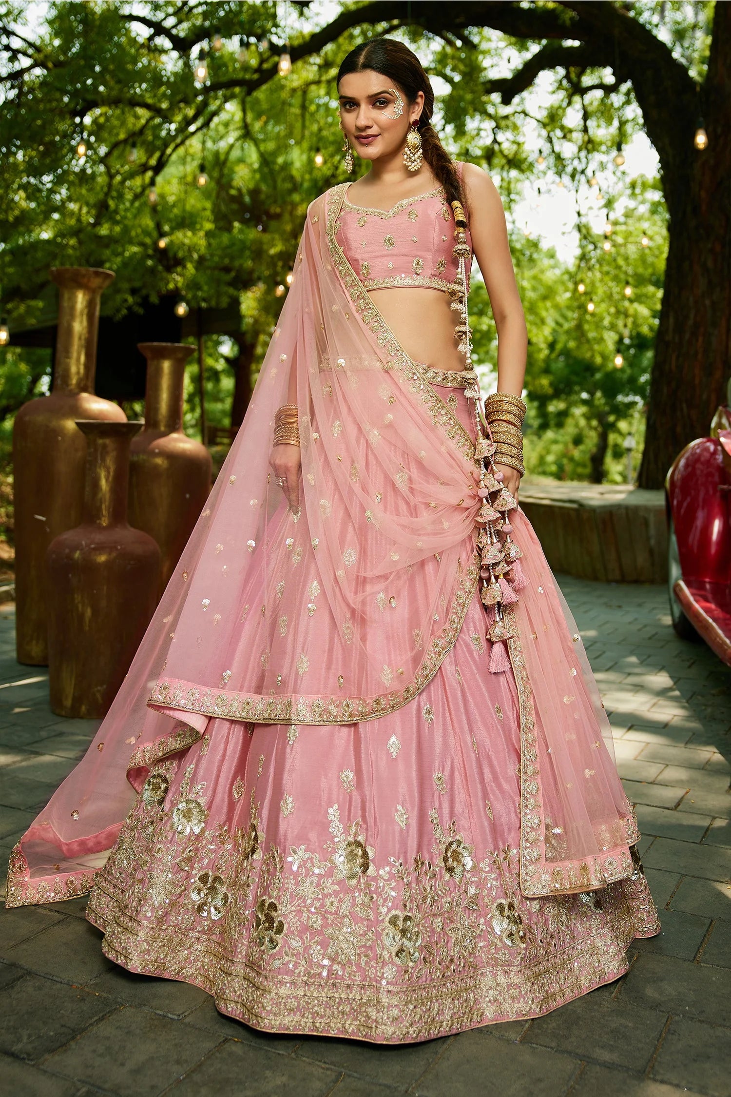 Pink Chinon Chiffon Lehenga with Sequins & Beads Embroidery