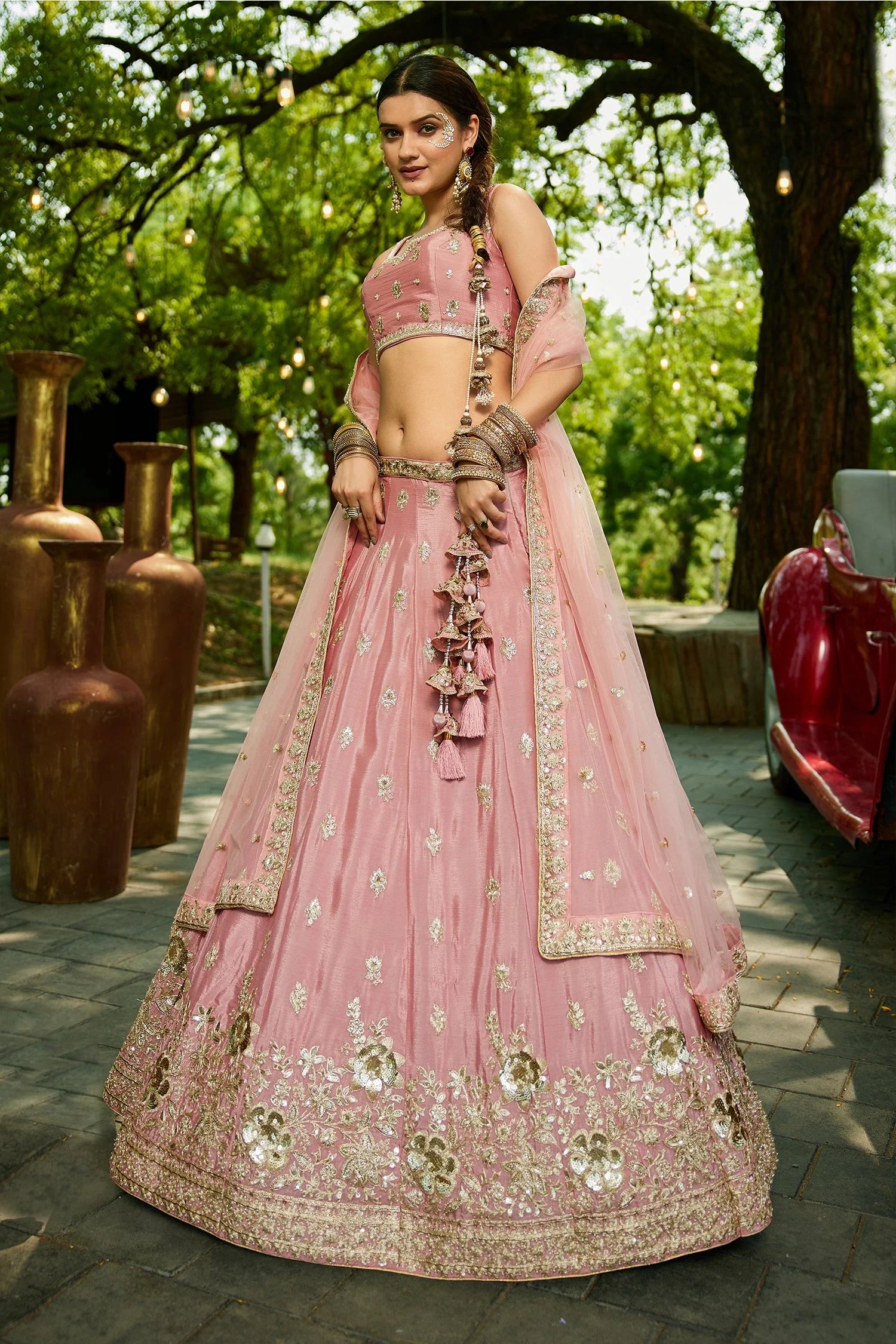 Pink Chinon Chiffon Lehenga with Sequins & Beads Embroidery