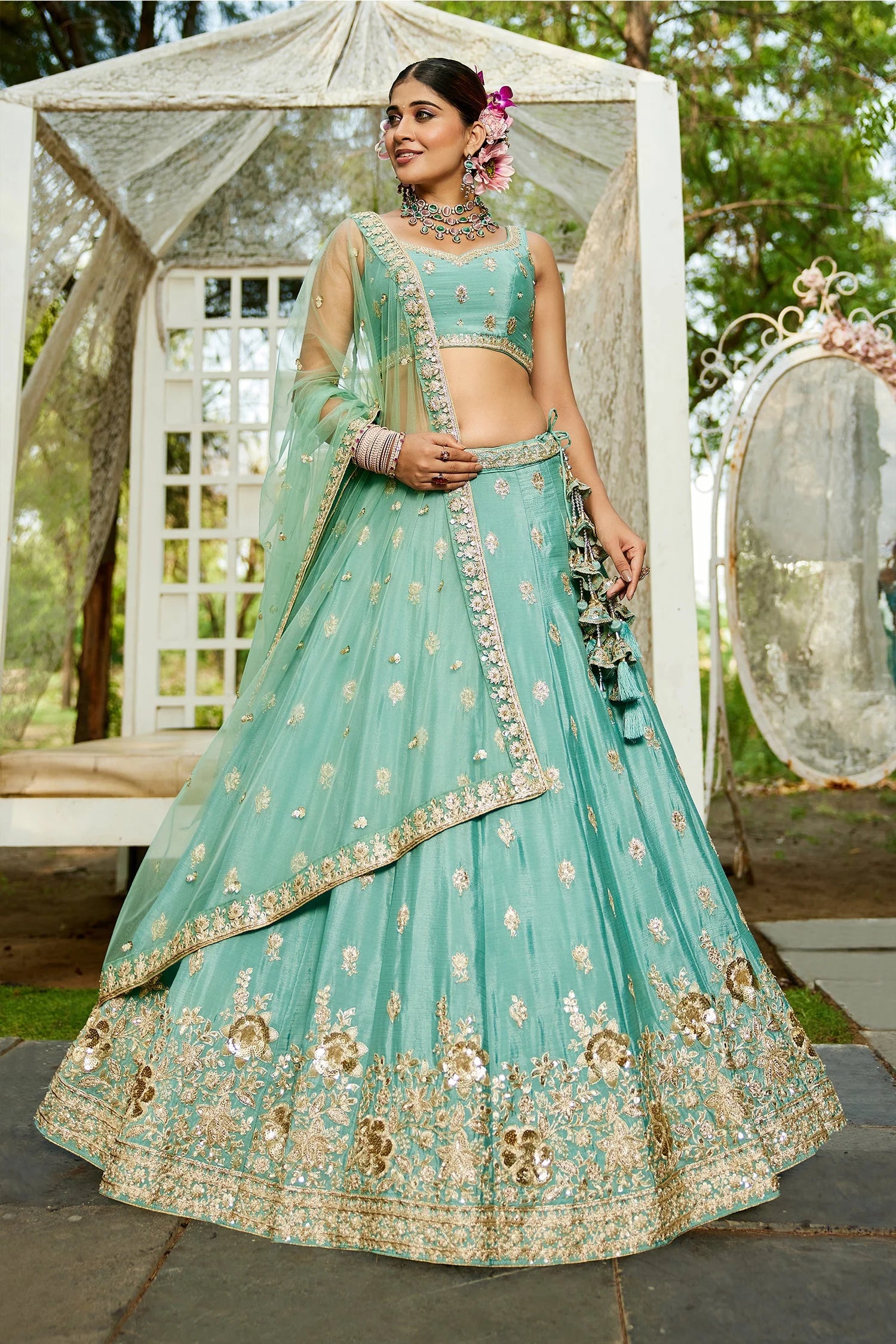 Sea Green Chinon Chiffon Lehenga with sequins & beads embroidery