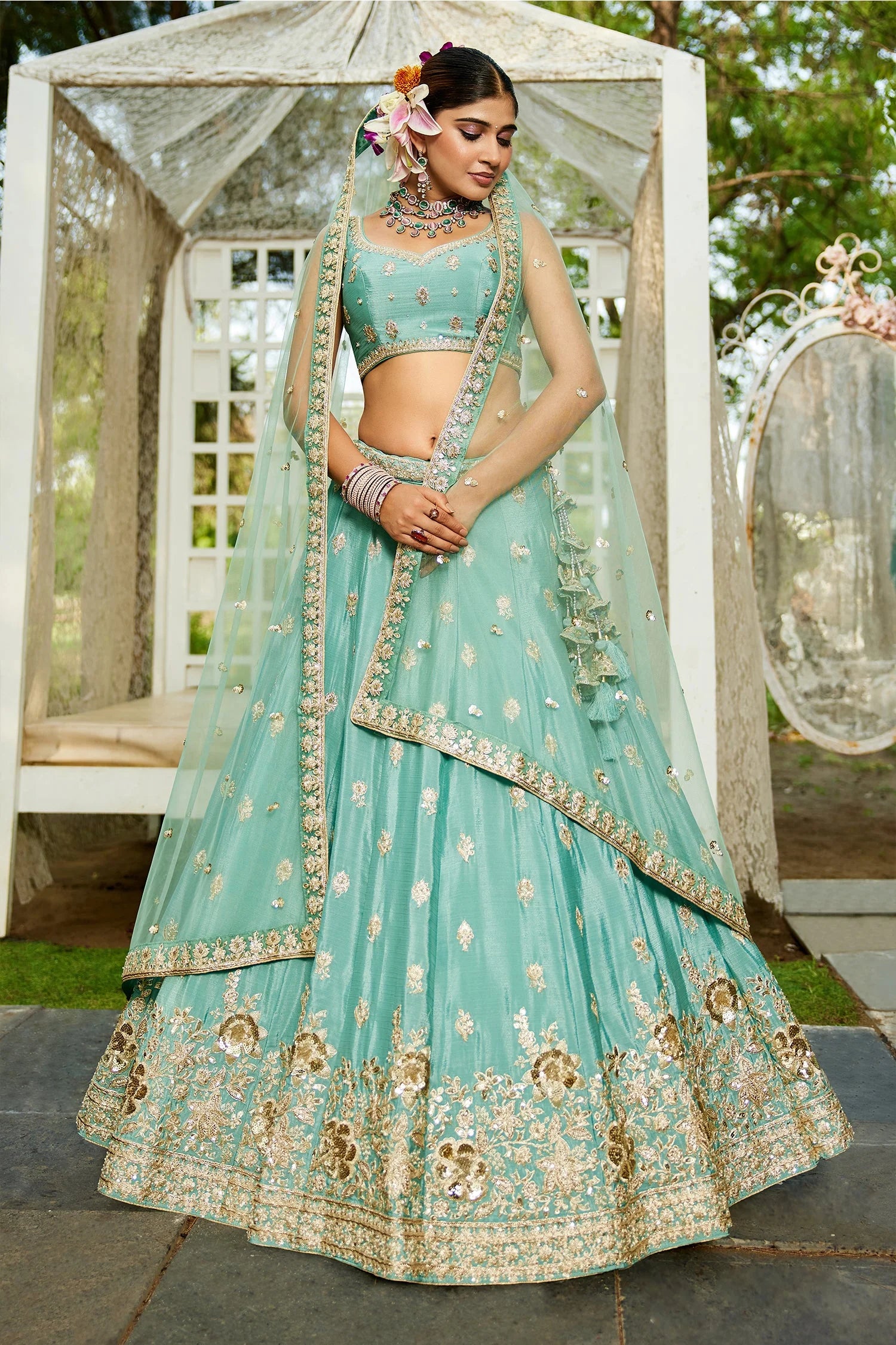 Sea Green Chinon Chiffon Lehenga with sequins & beads embroidery