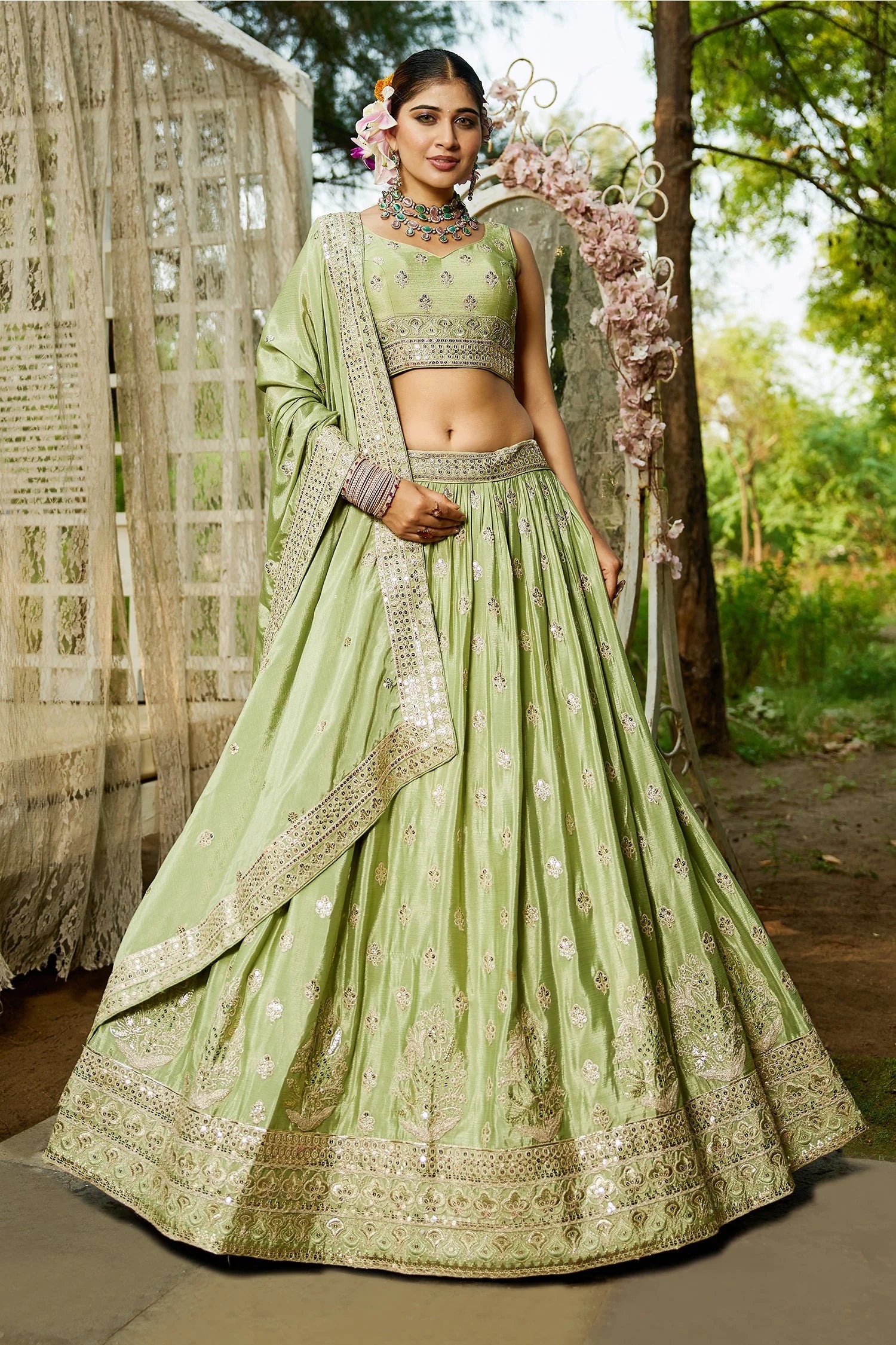 Lime Green Chiffon Lehenga with Sequins Embroidery
