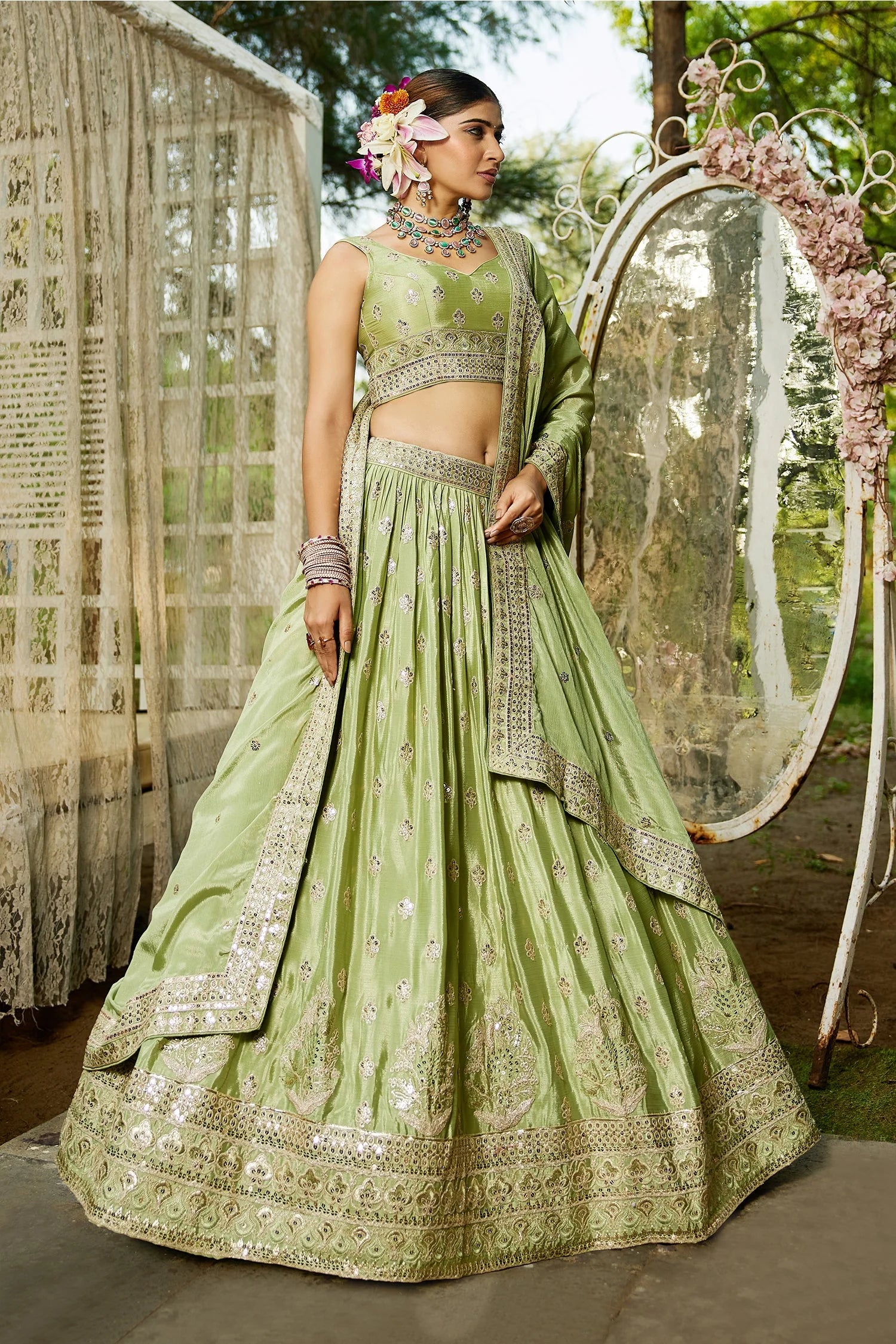Lime Green Chiffon Lehenga with Sequins Embroidery