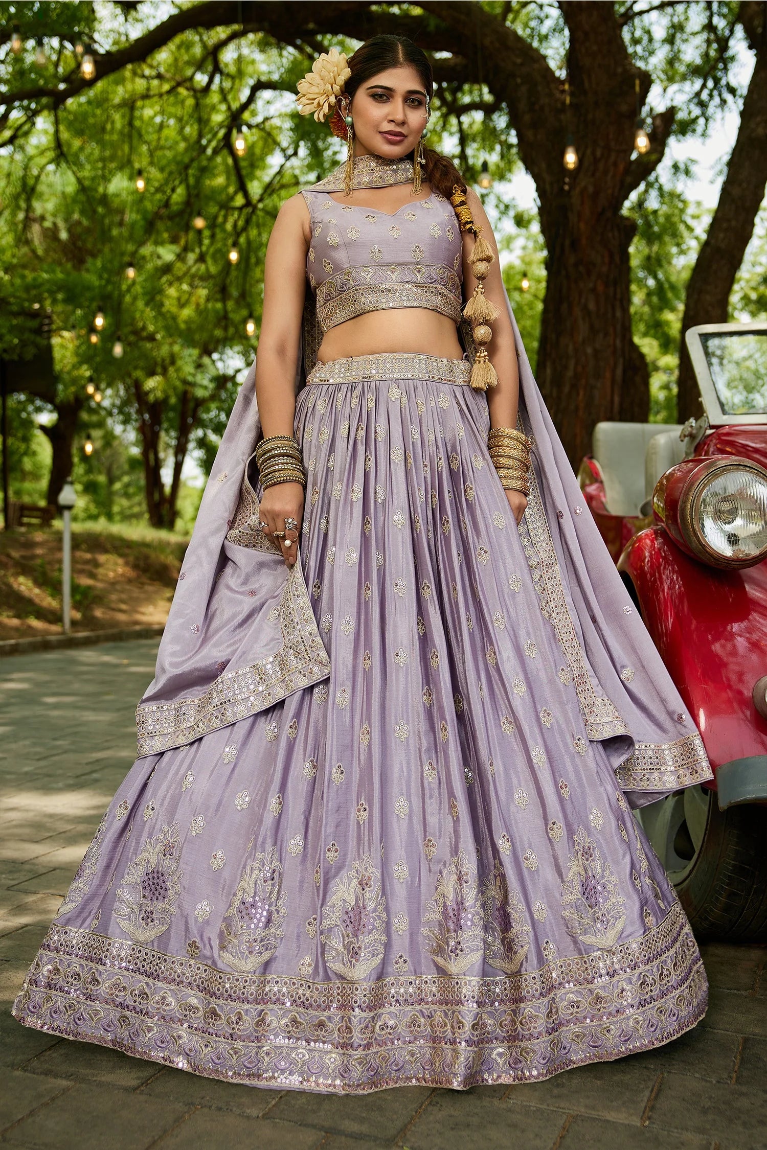 Mauve Chiffon Lehenga Set with Sequins Embroidery