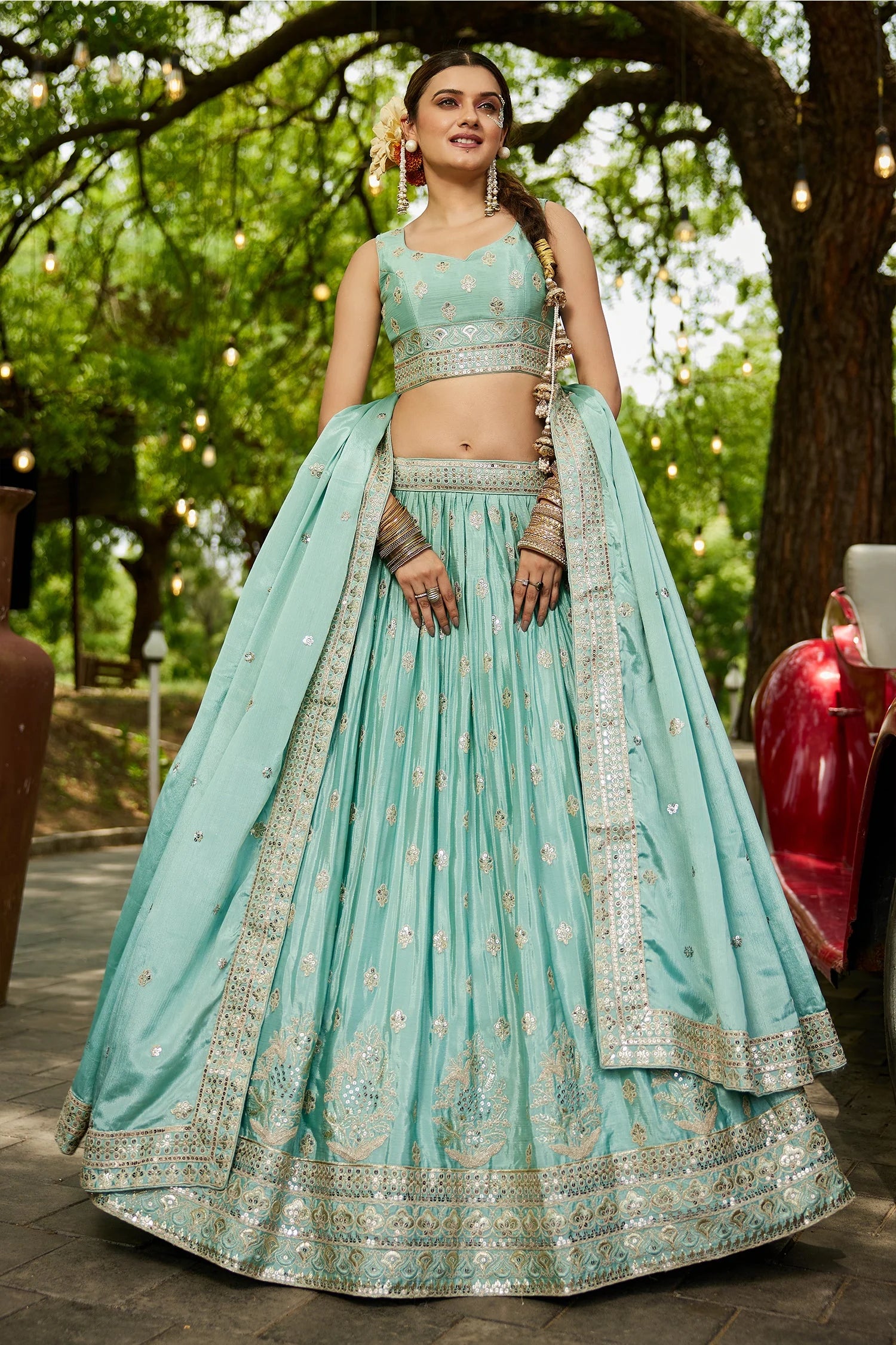 Sea Green Chiffon Lehenga with Sequins Embroidery