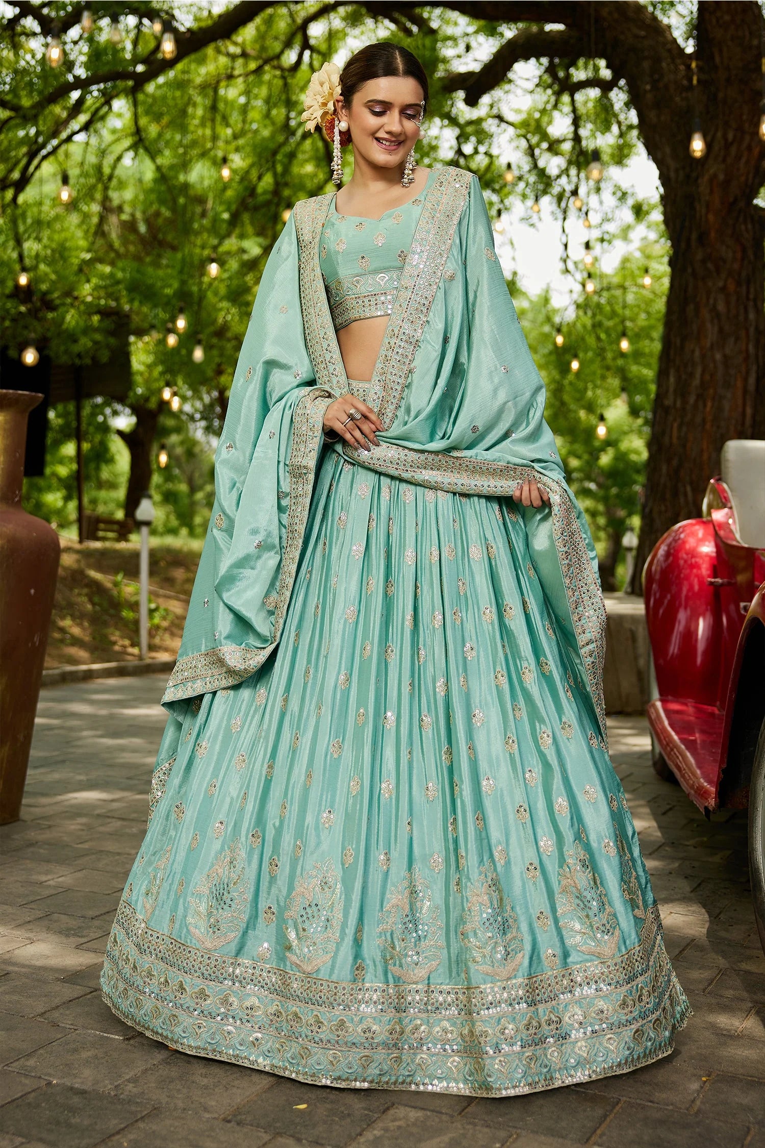 Sea Green Chiffon Lehenga with Sequins Embroidery