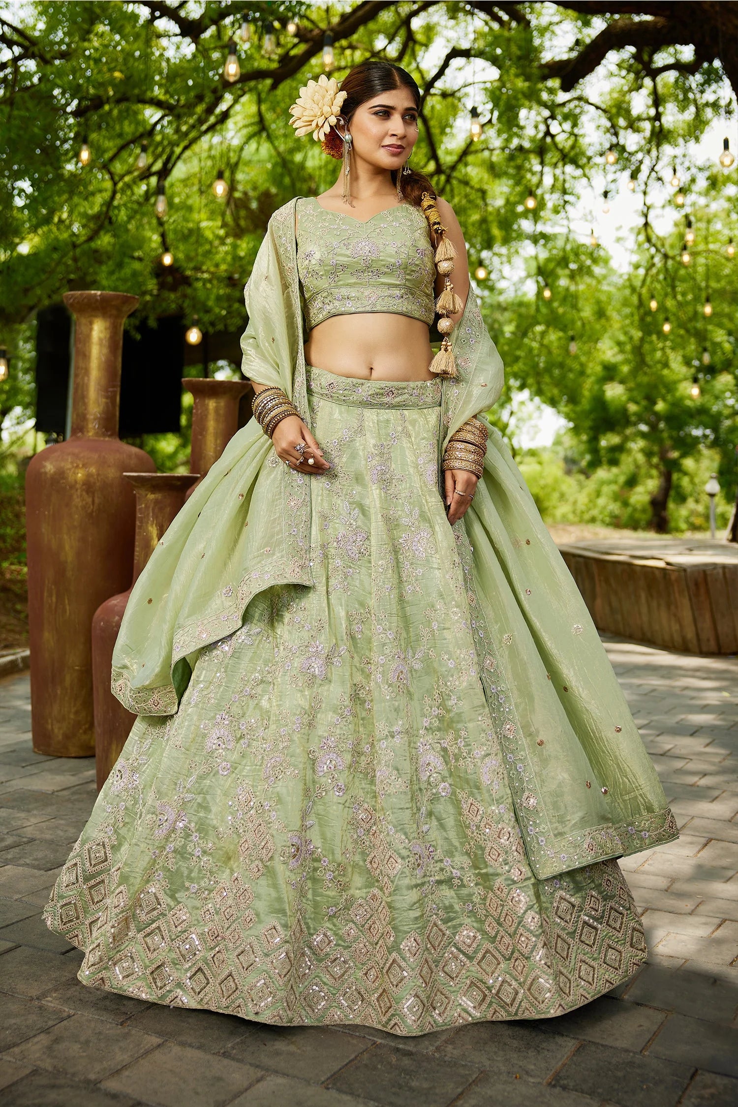 Lime Green Tissue Lehenga with Sequins Embroidery