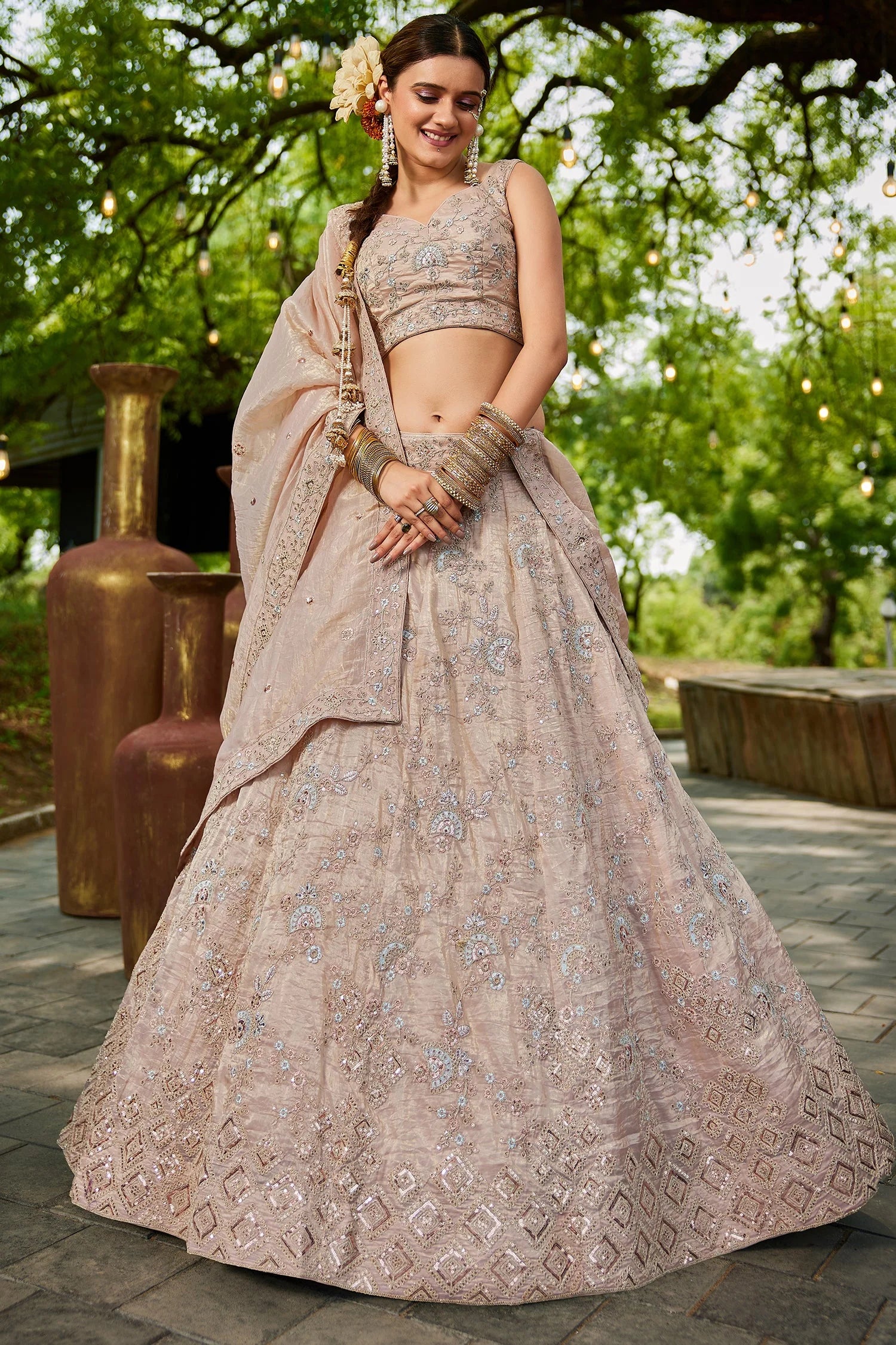 Peach Tissue Sequin Embroidered Lehenga