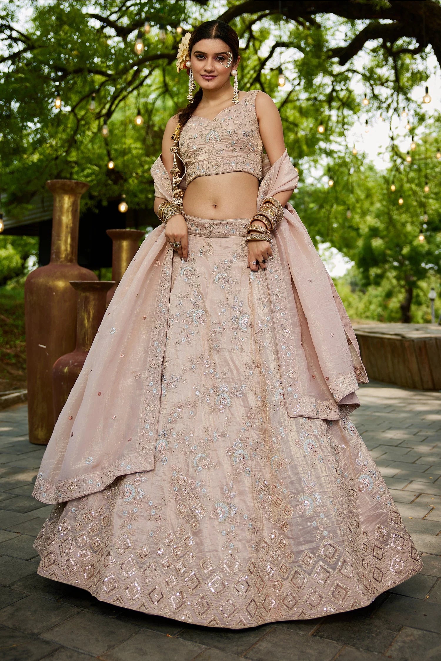 Peach Tissue Sequin Embroidered Lehenga