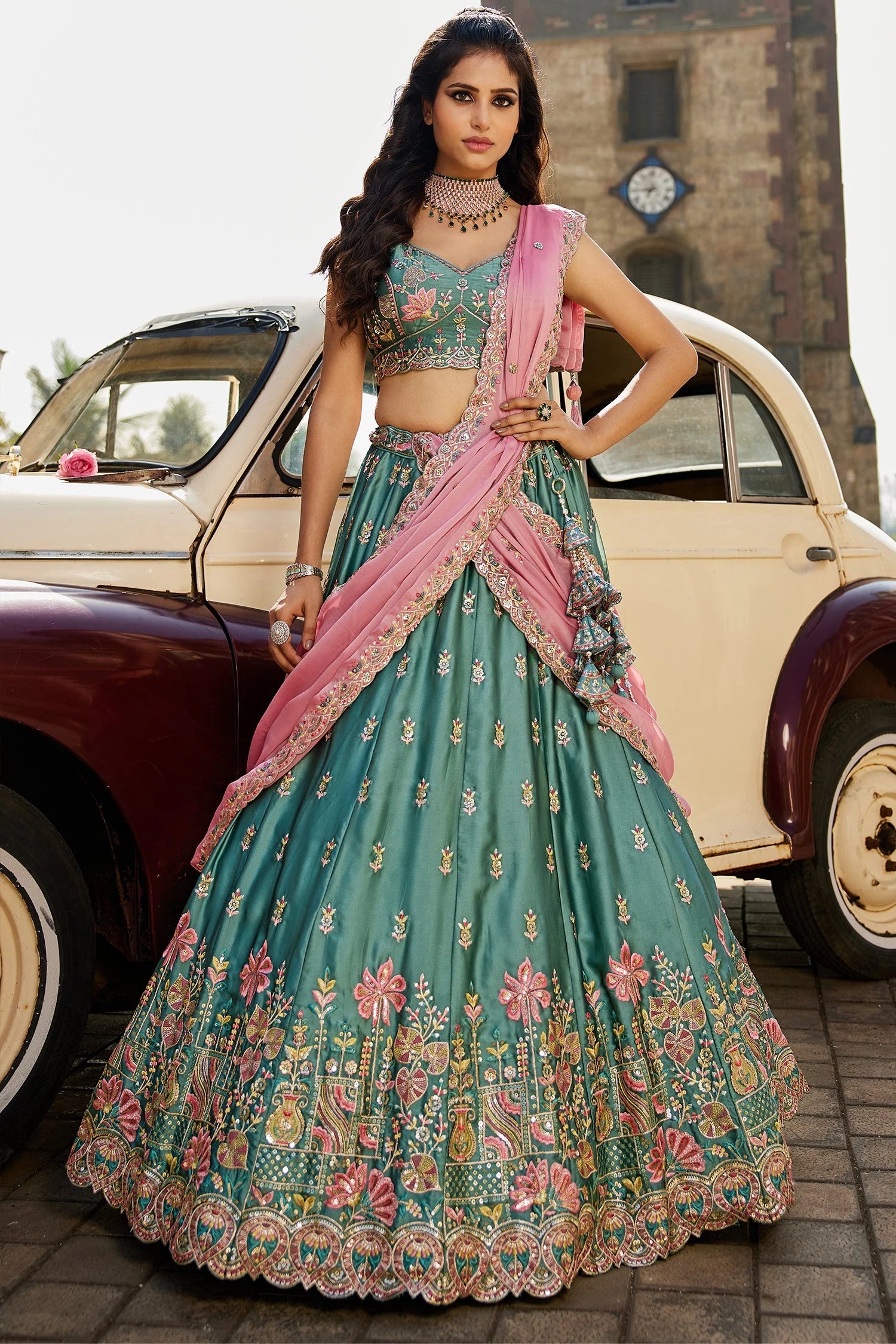 Teal Green Georgette Sequins embroidery Lehenga