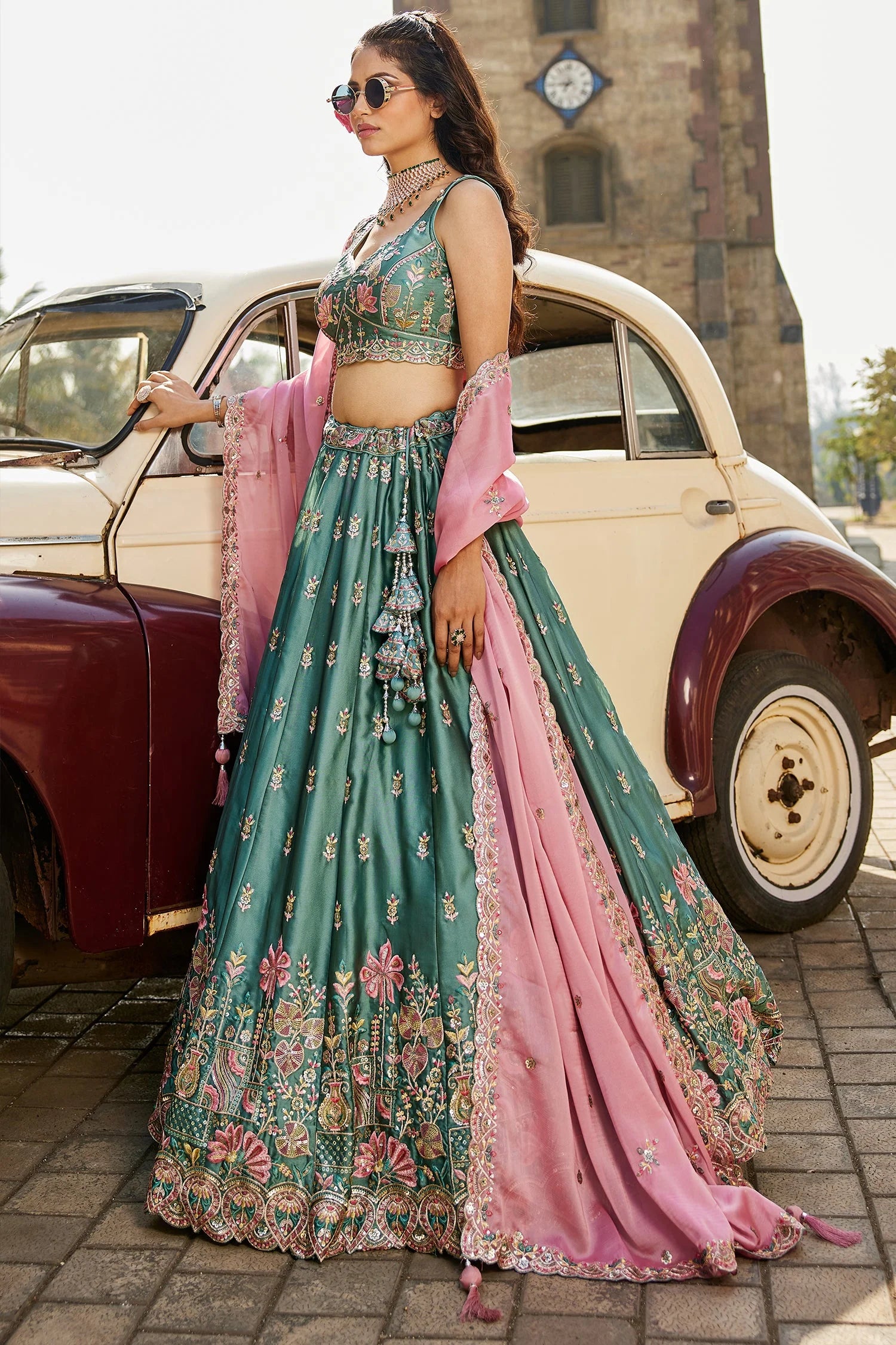 Teal Green Georgette Lehenga with Sequins Embroidery