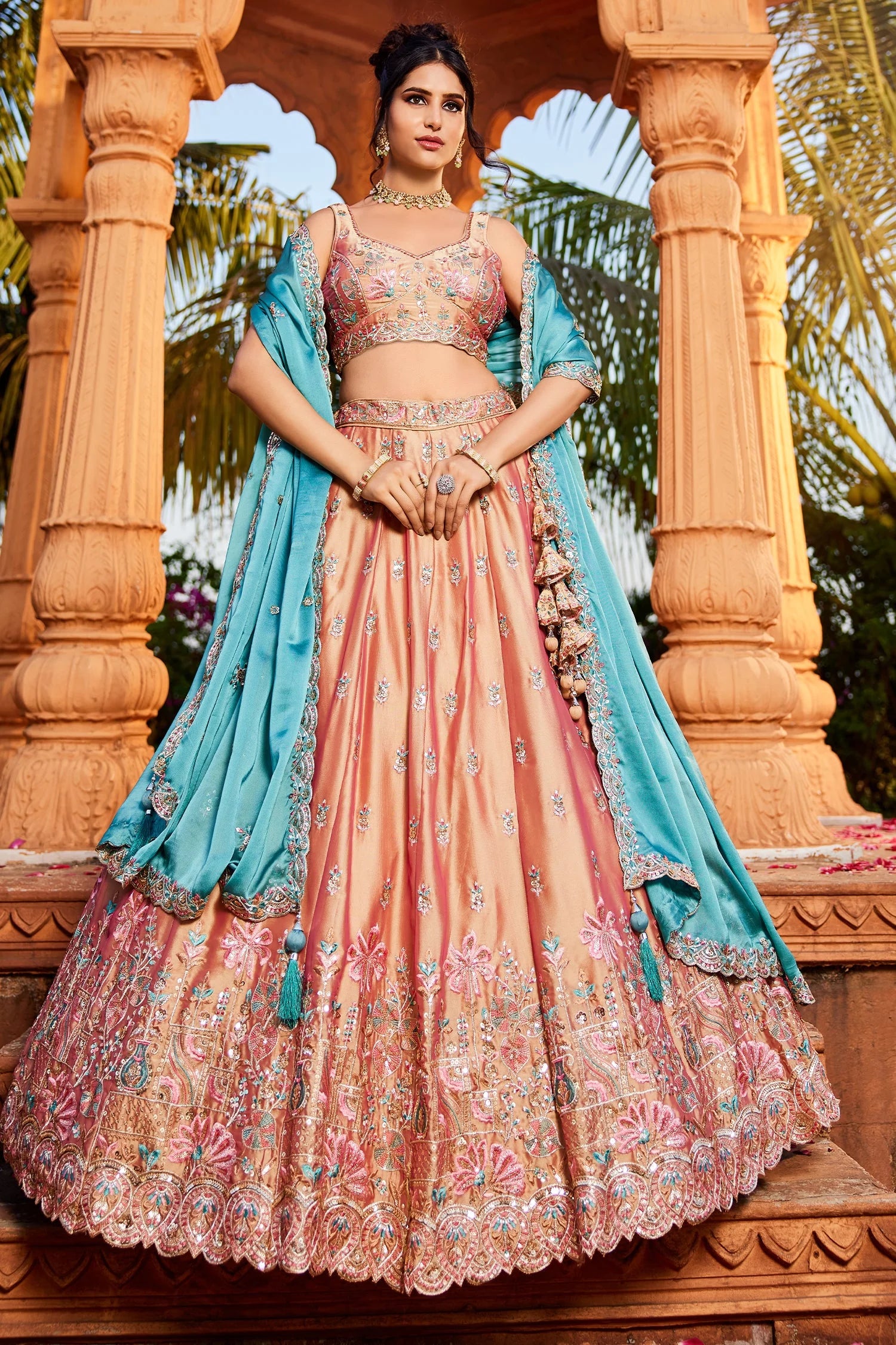 Peach Georgette Sequins Embroidery Lehenga