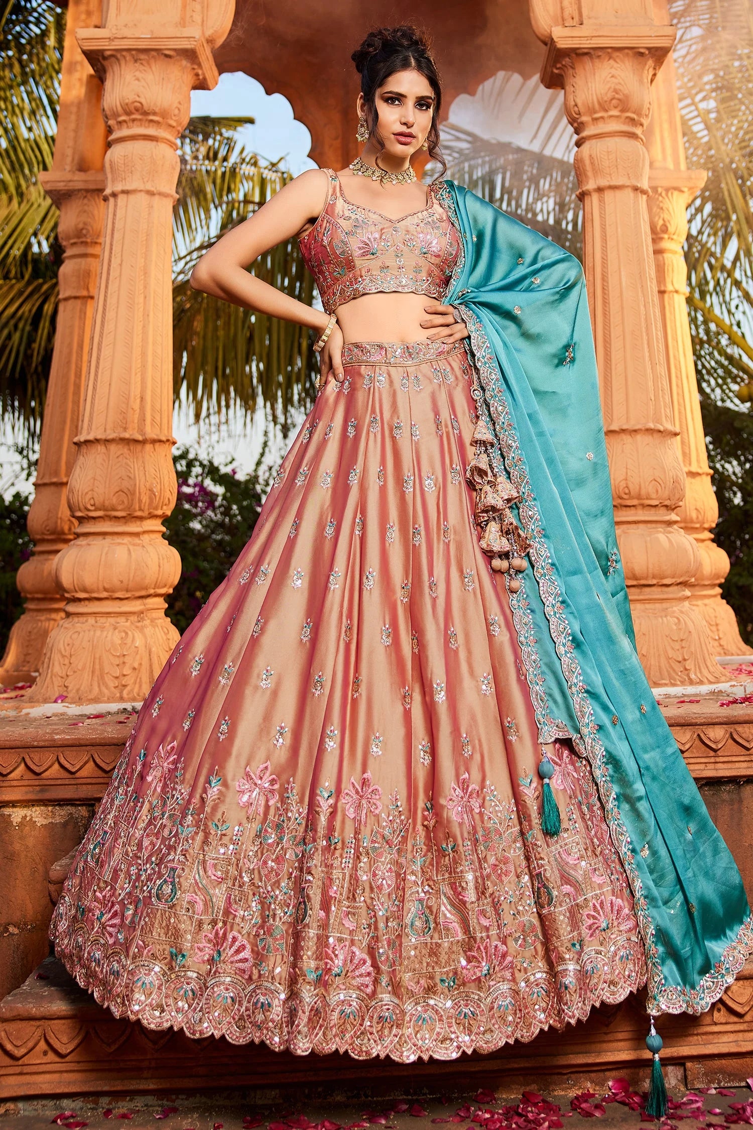 Peach Georgette Sequins Embroidery Lehenga