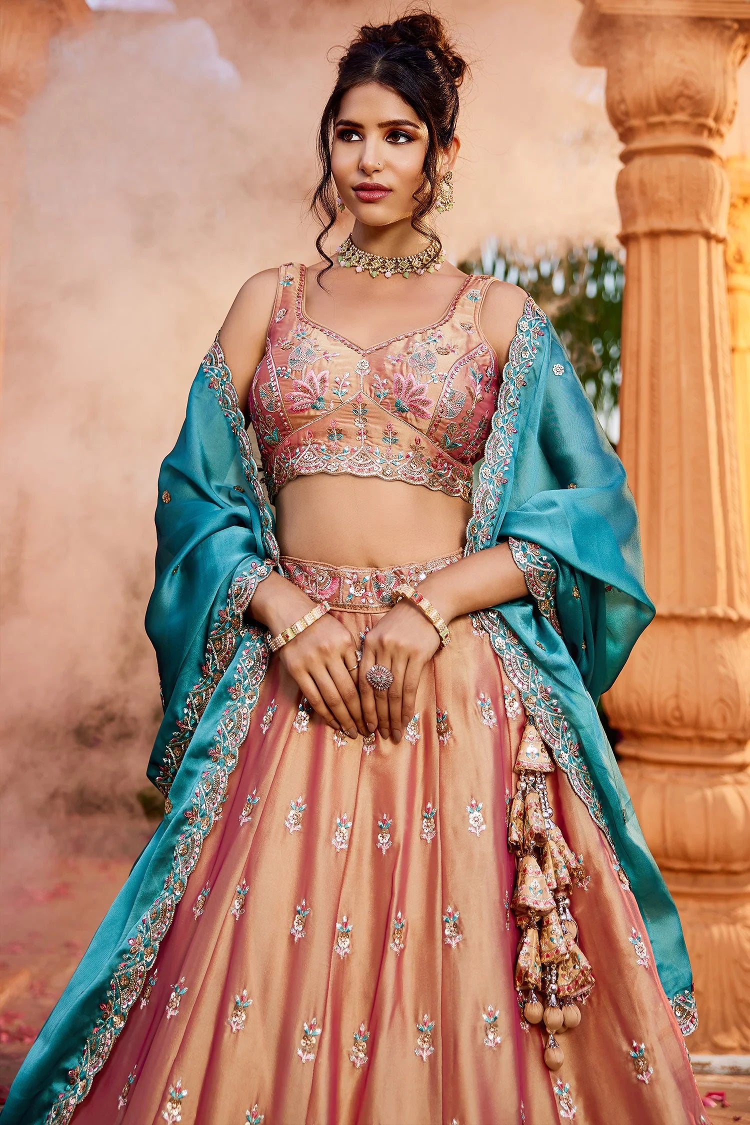 Peach Georgette Lehenga with Sequins Embroidery