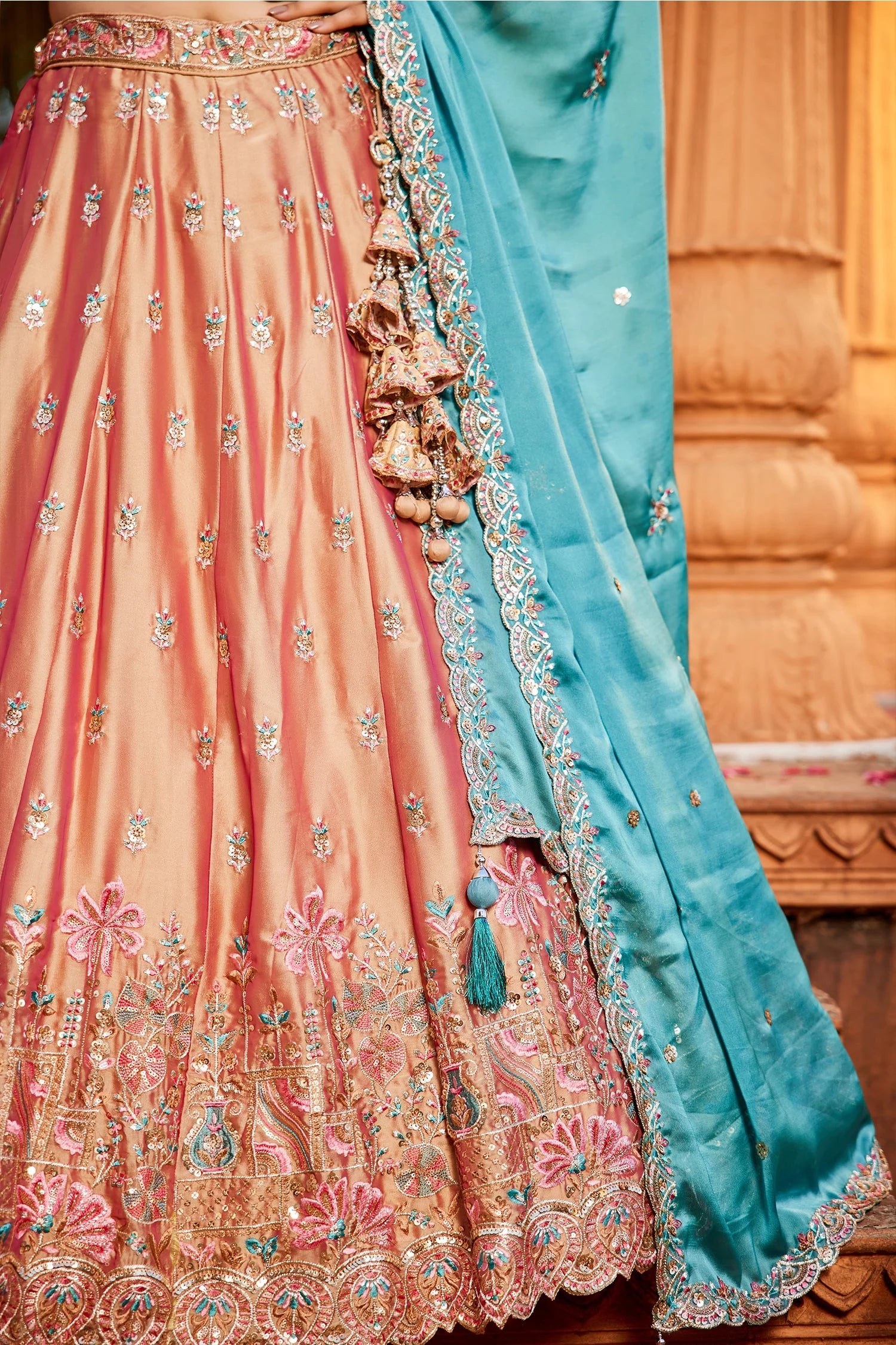 Peach Georgette Lehenga with Sequins Embroidery