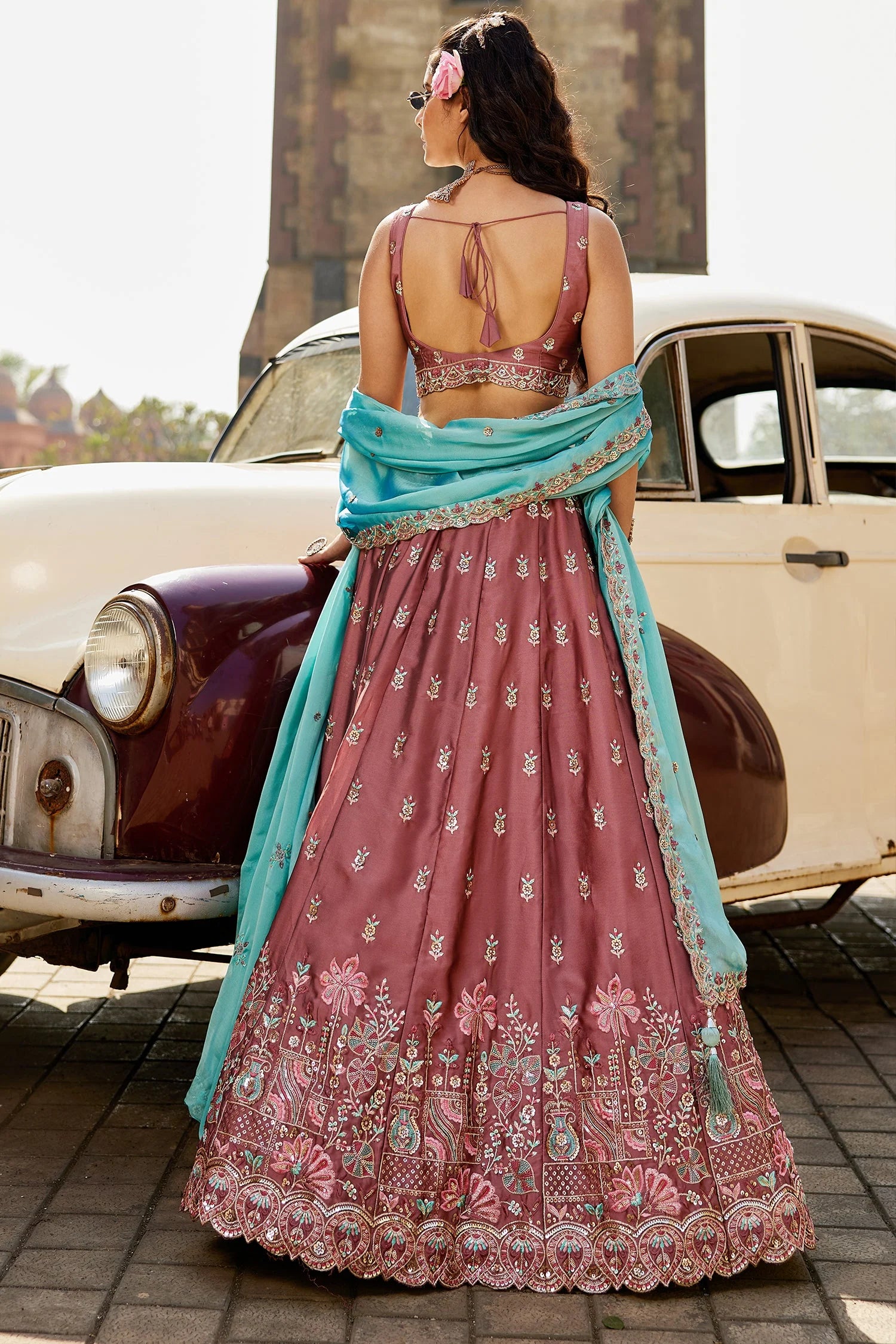 Rose Pink Georgette Lehenga with Sequins Embroidery