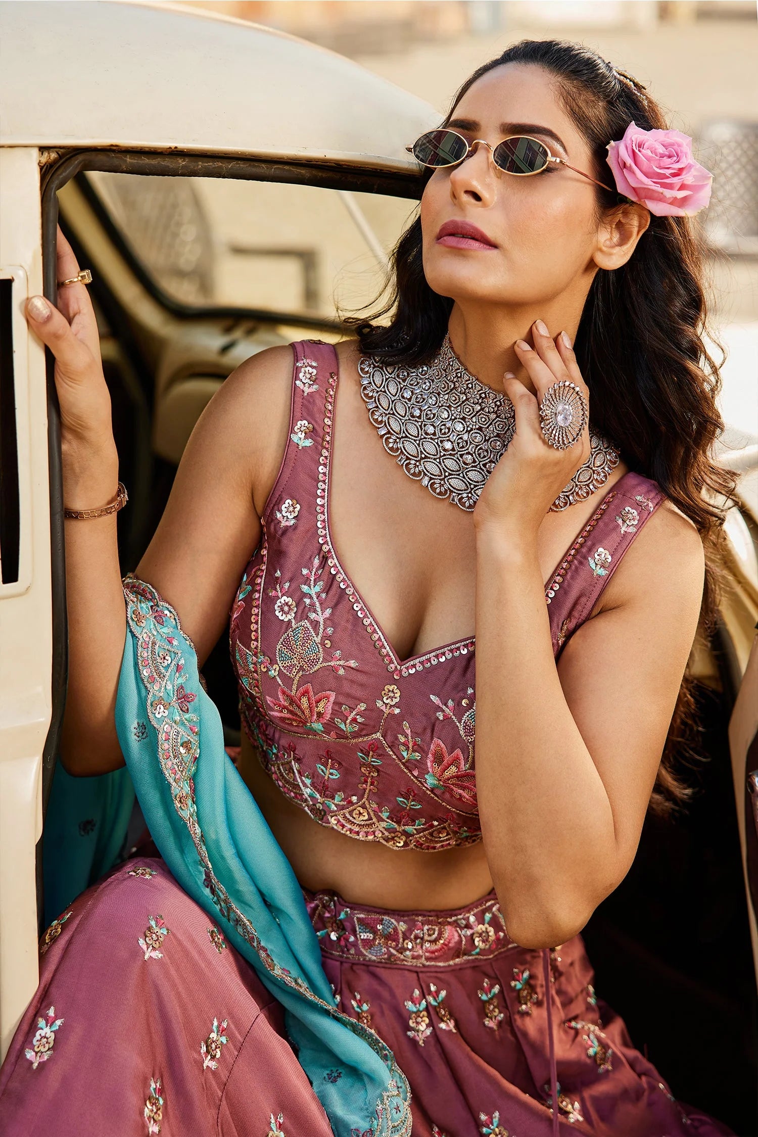 Rose Pink Georgette Lehenga with Sequins Embroidery