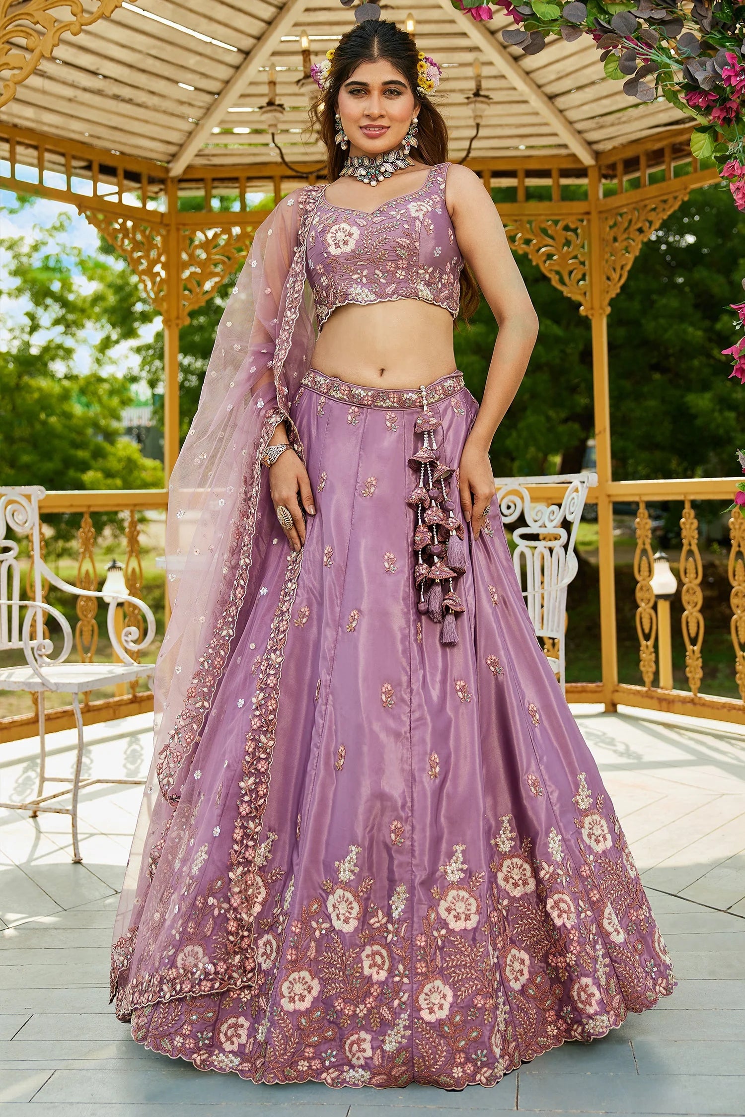 Mauve Purple Satin Lehenga with Floral Sequins Embroidery