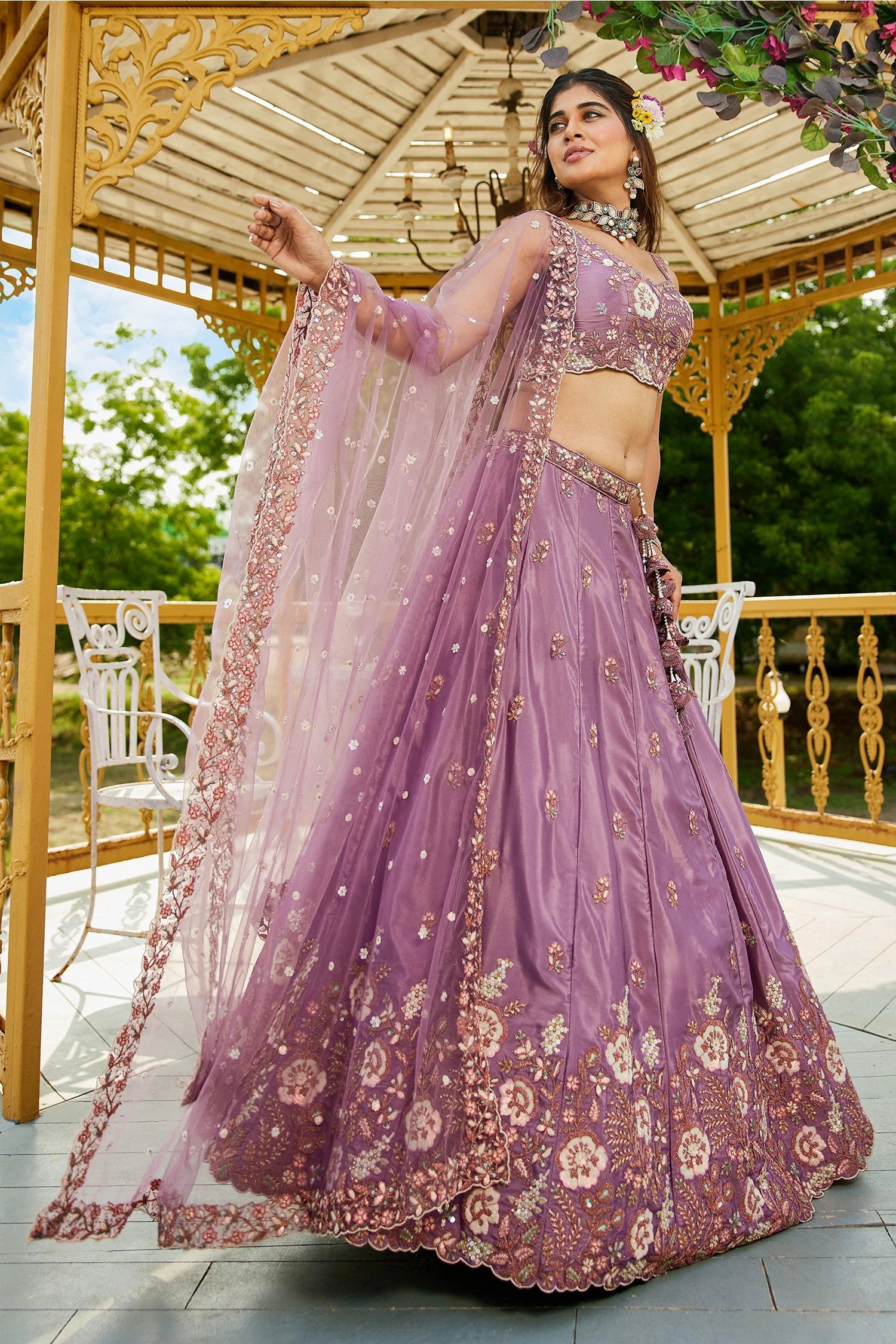 Mauve Purple Satin Lehenga with Floral Sequins Embroidery