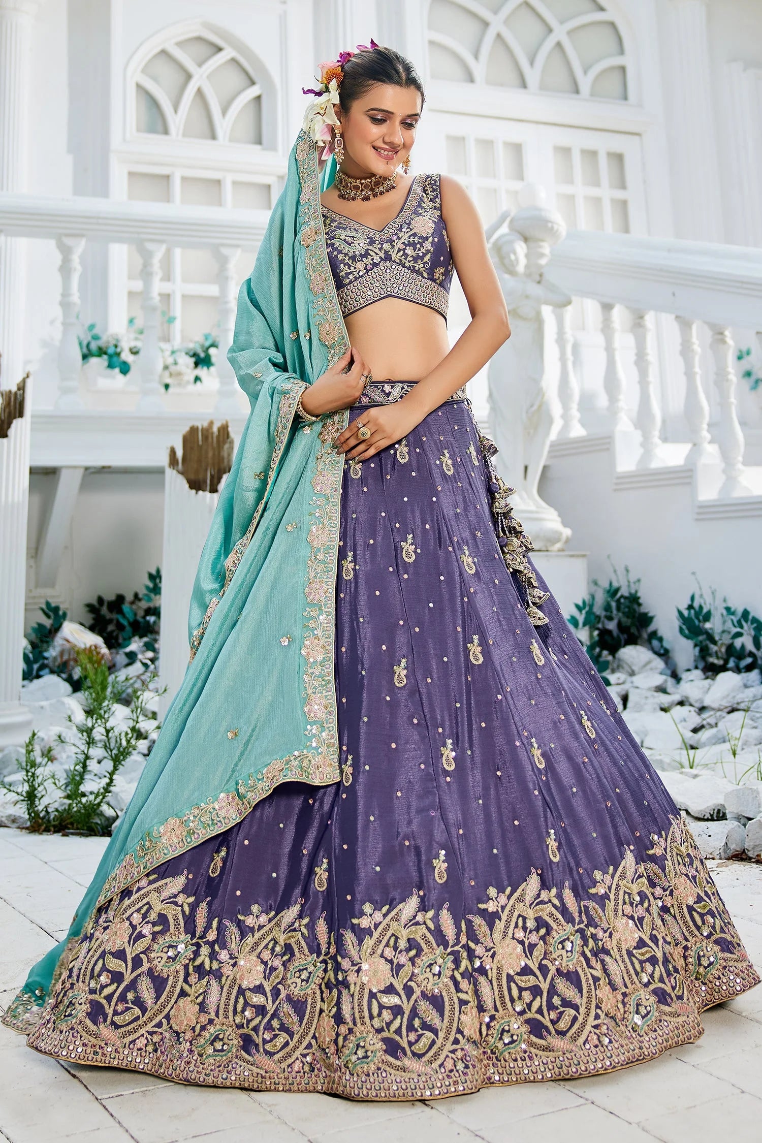 Purple Chiffon Sequin Embroidery Lehenga