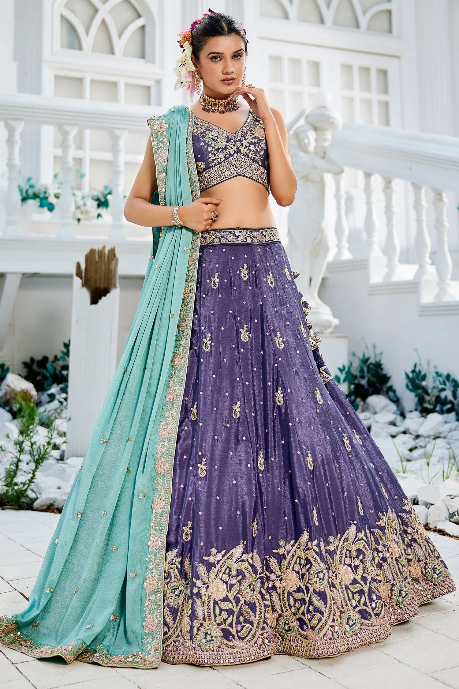 Purple Chiffon Sequin Embroidery Lehenga