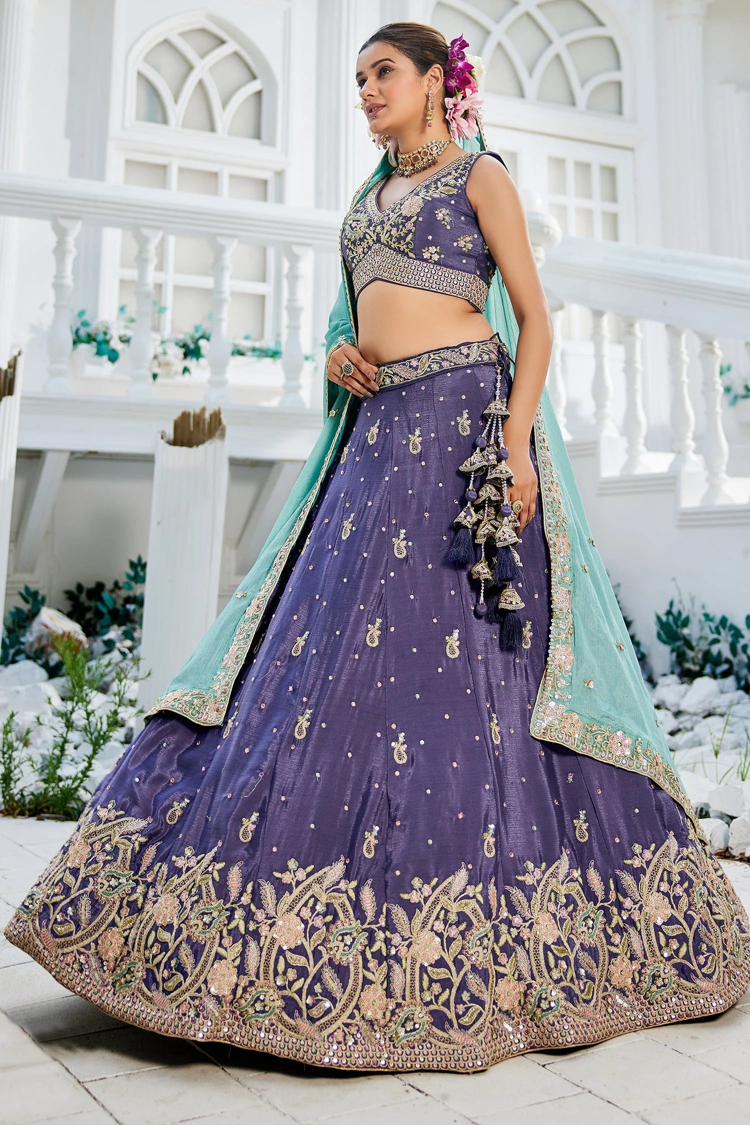 Purple Chiffon Lehenga with Sequins Embroidery