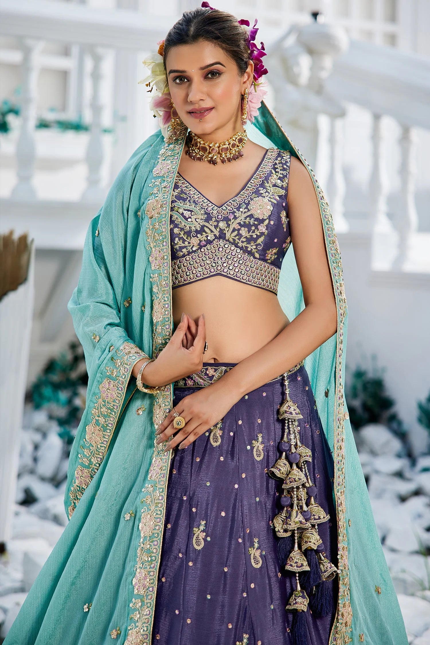 Purple Chiffon Lehenga with Sequins Embroidery