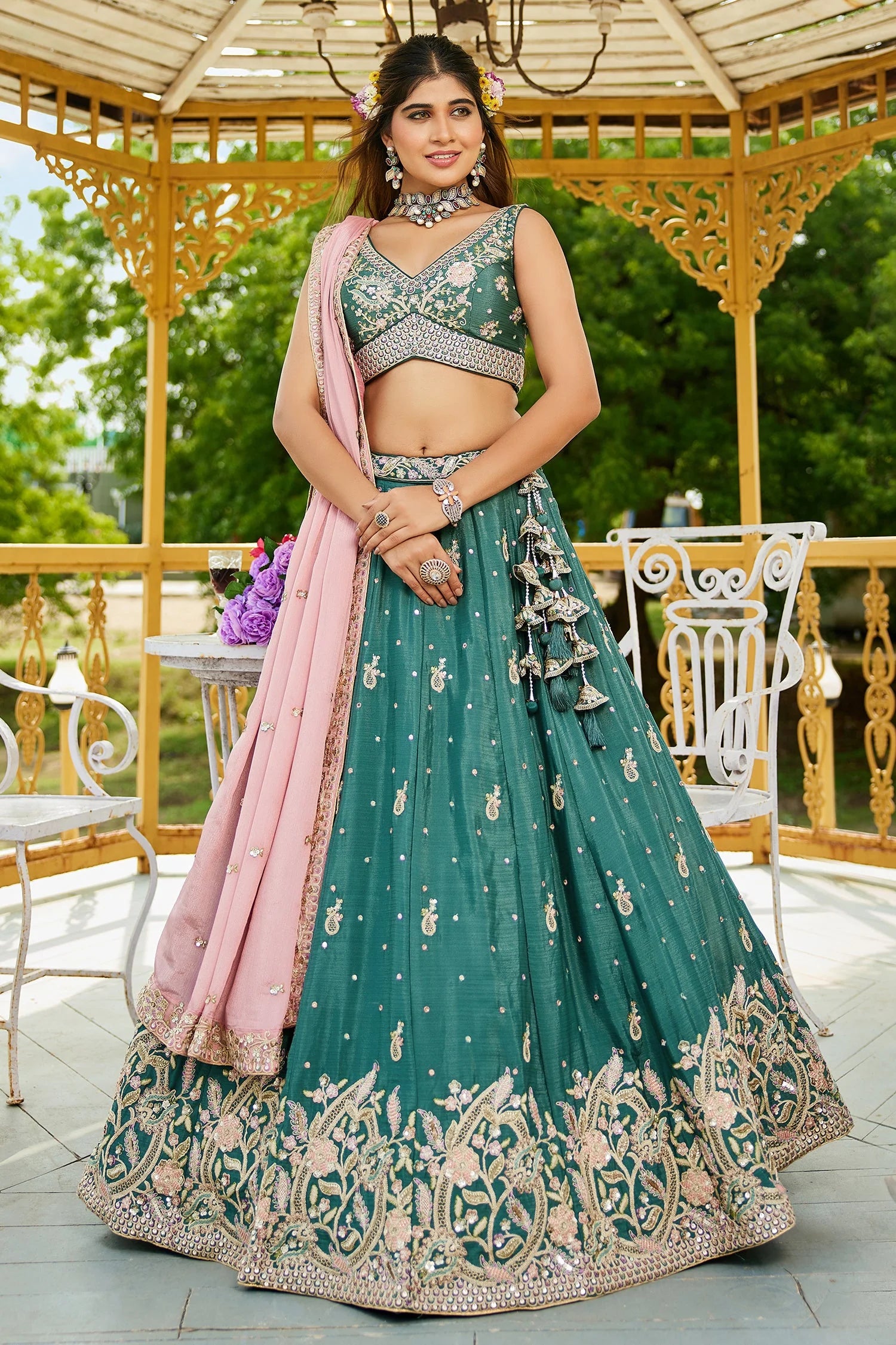 Teal Green Chiffon Sequin Embroidery Lehenga